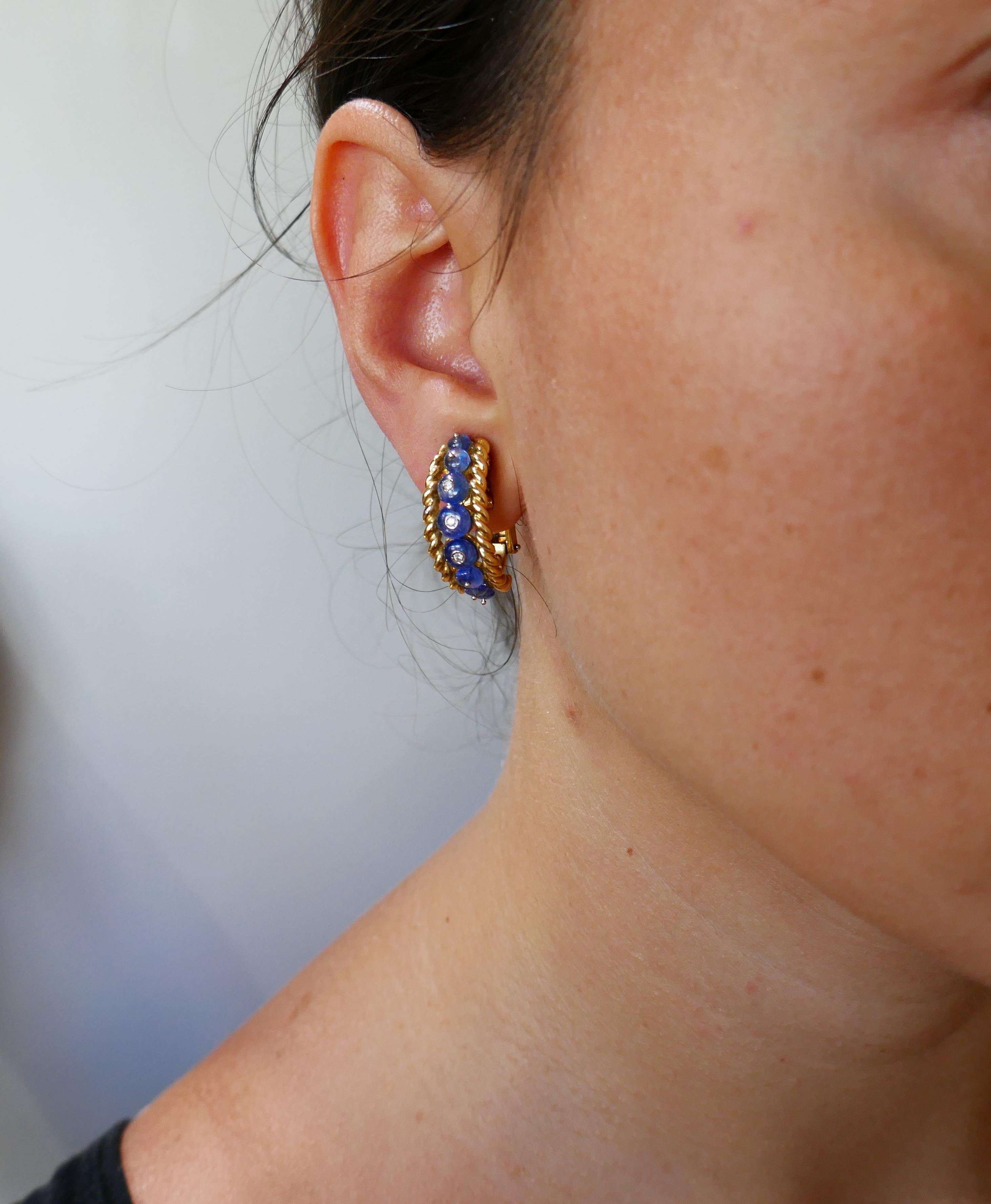 Giovane Enamel Yellow Gold Earrings with Blue Sapphire Diamond, Day and Night In Excellent Condition In Beverly Hills, CA