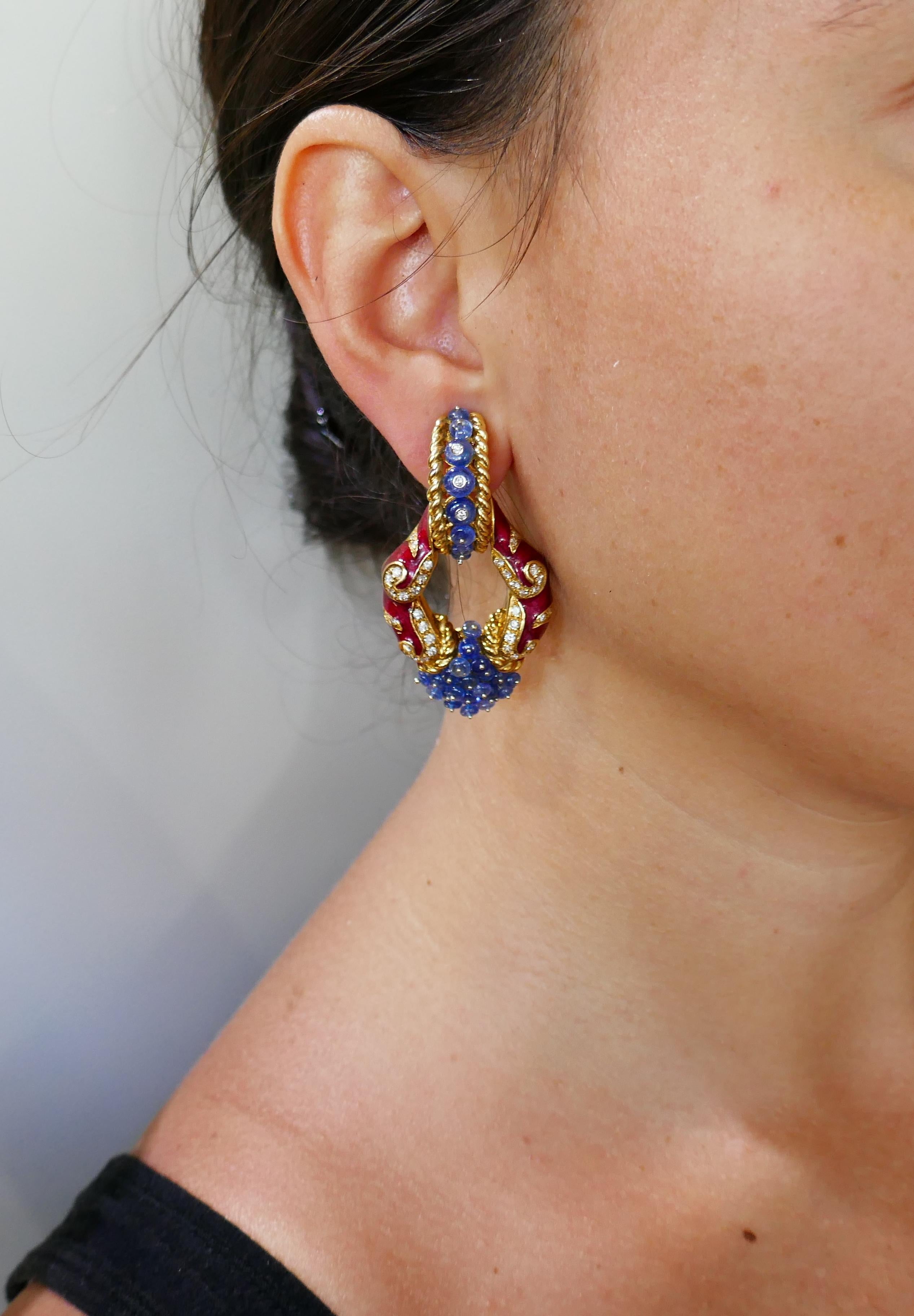 Giovane Enamel Yellow Gold Earrings with Blue Sapphire Diamond, Day and Night 3