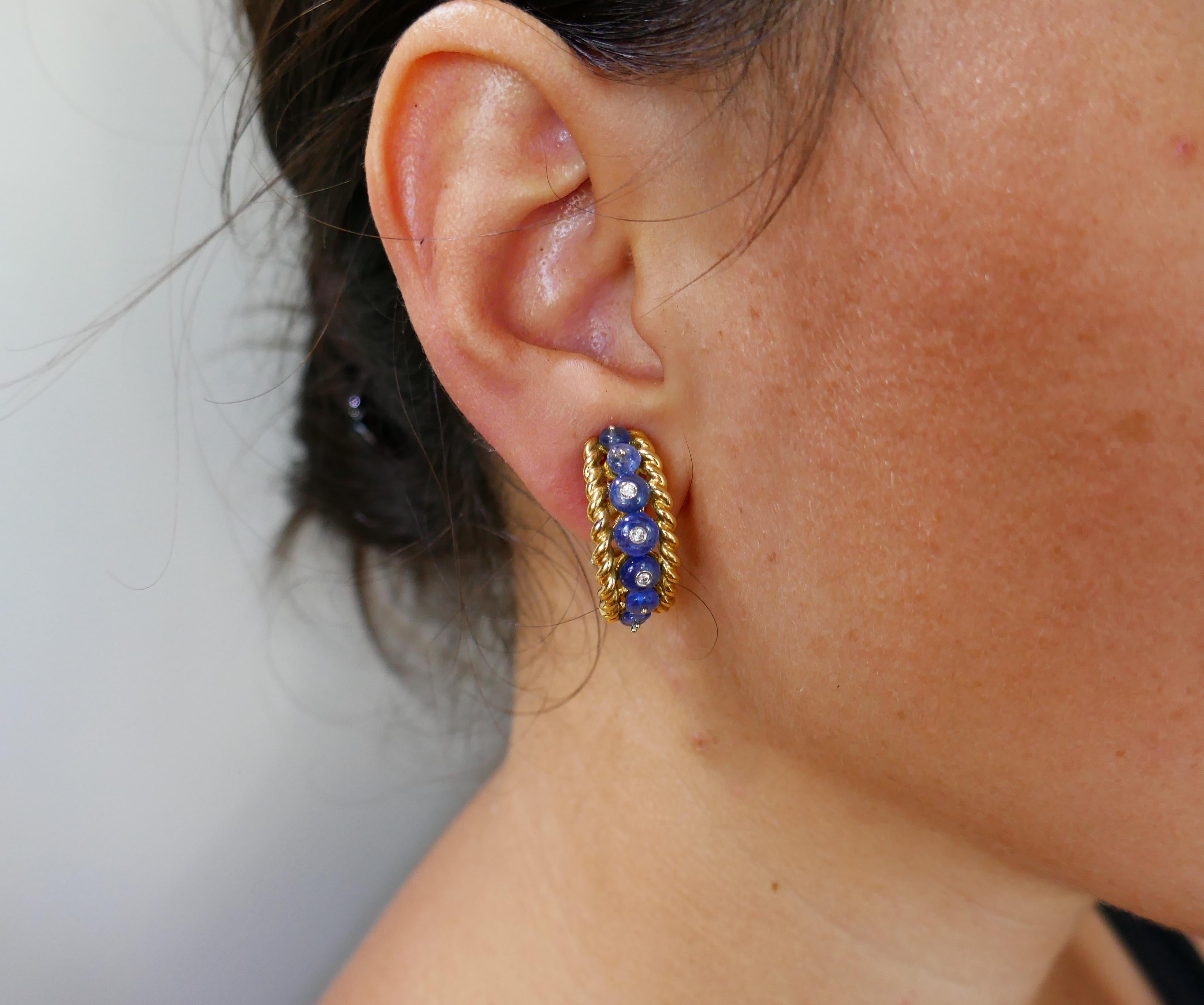 Giovane Enamel Yellow Gold Earrings with Blue Sapphire Diamond, Day and Night 4