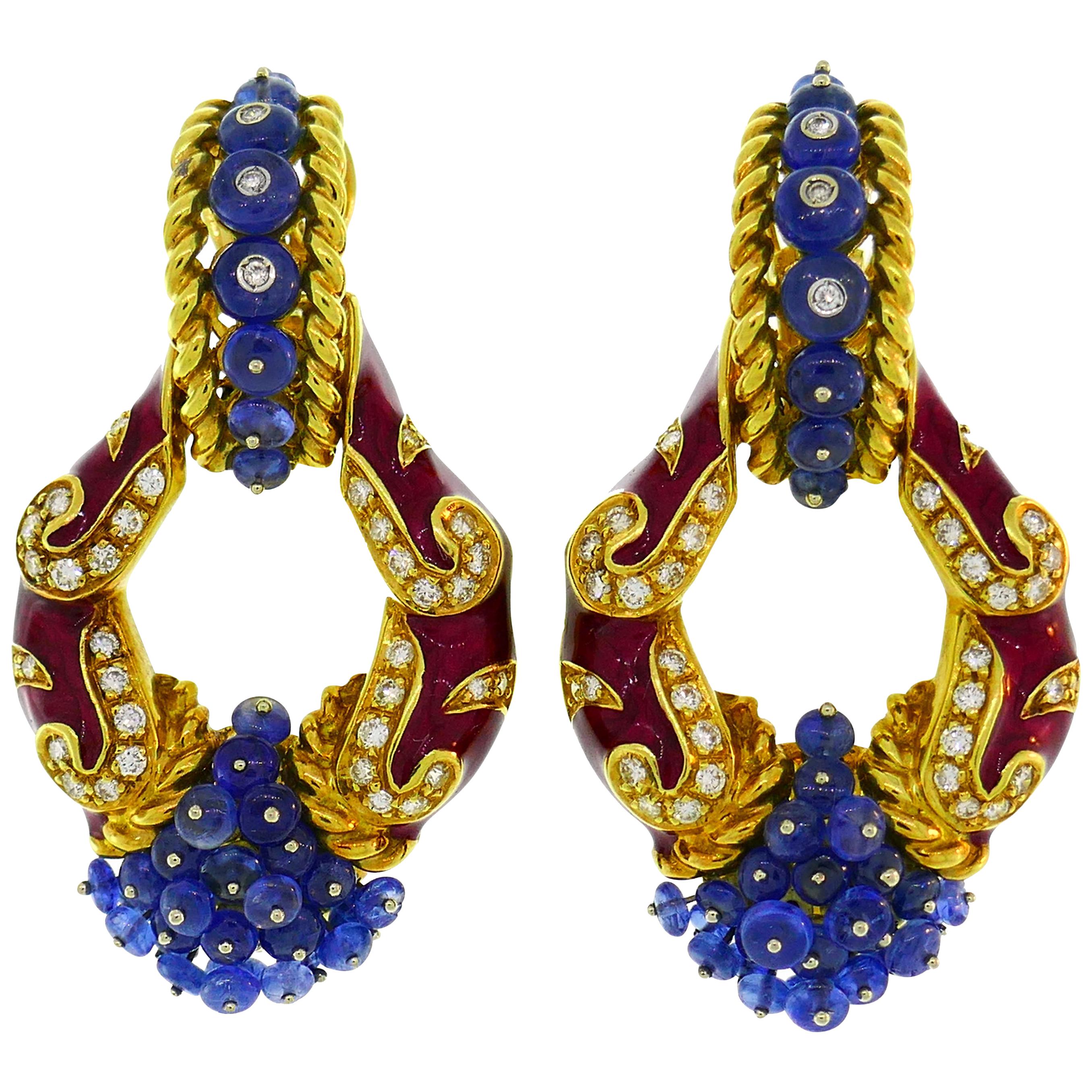 Giovane Enamel Yellow Gold Earrings with Blue Sapphire Diamond, Day and Night