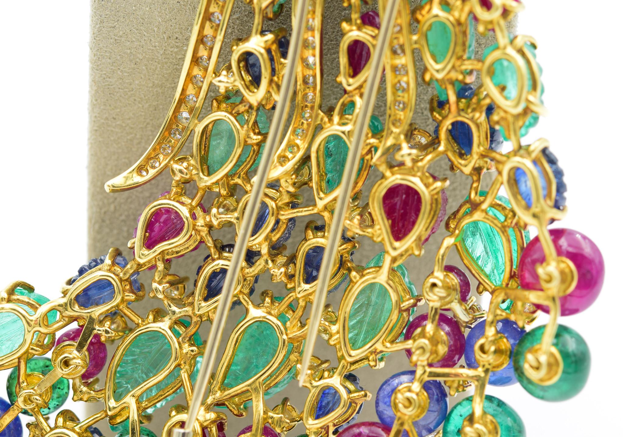 Cabochon Giovane Italy Precious Peacock Diamond and Gemstone Brooch in 18 Karat Yellow