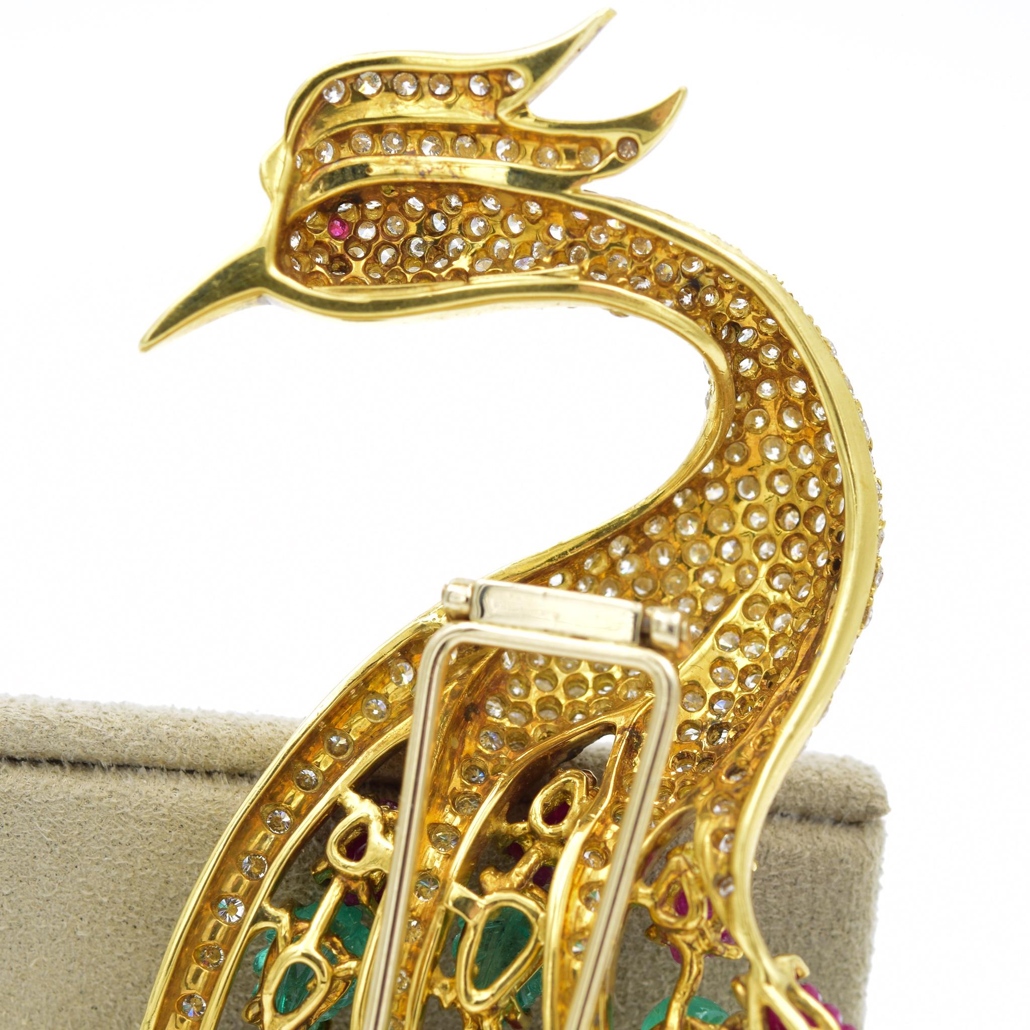 Giovane Italy Precious Peacock Diamond and Gemstone Brooch in 18 Karat Yellow In Good Condition In Carmel, IN