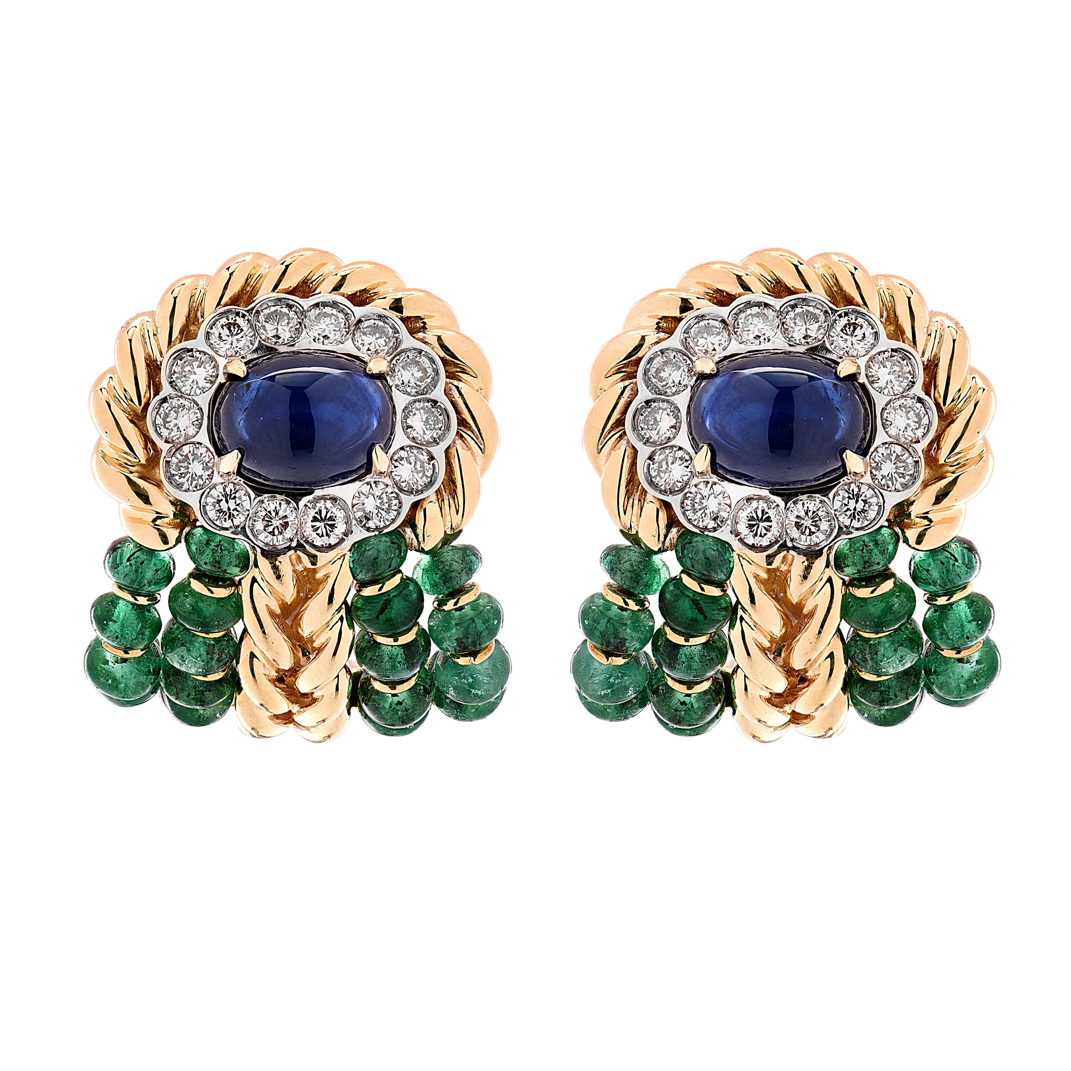 Taille cabochon Giovane Italy Boucles d'oreilles saphir, émeraude et diamant en vente