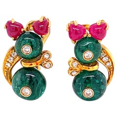  Minnie Mouse Ruby Emerald Diamond Gold Earrings by GIOVANE Estate Fine Jewelry