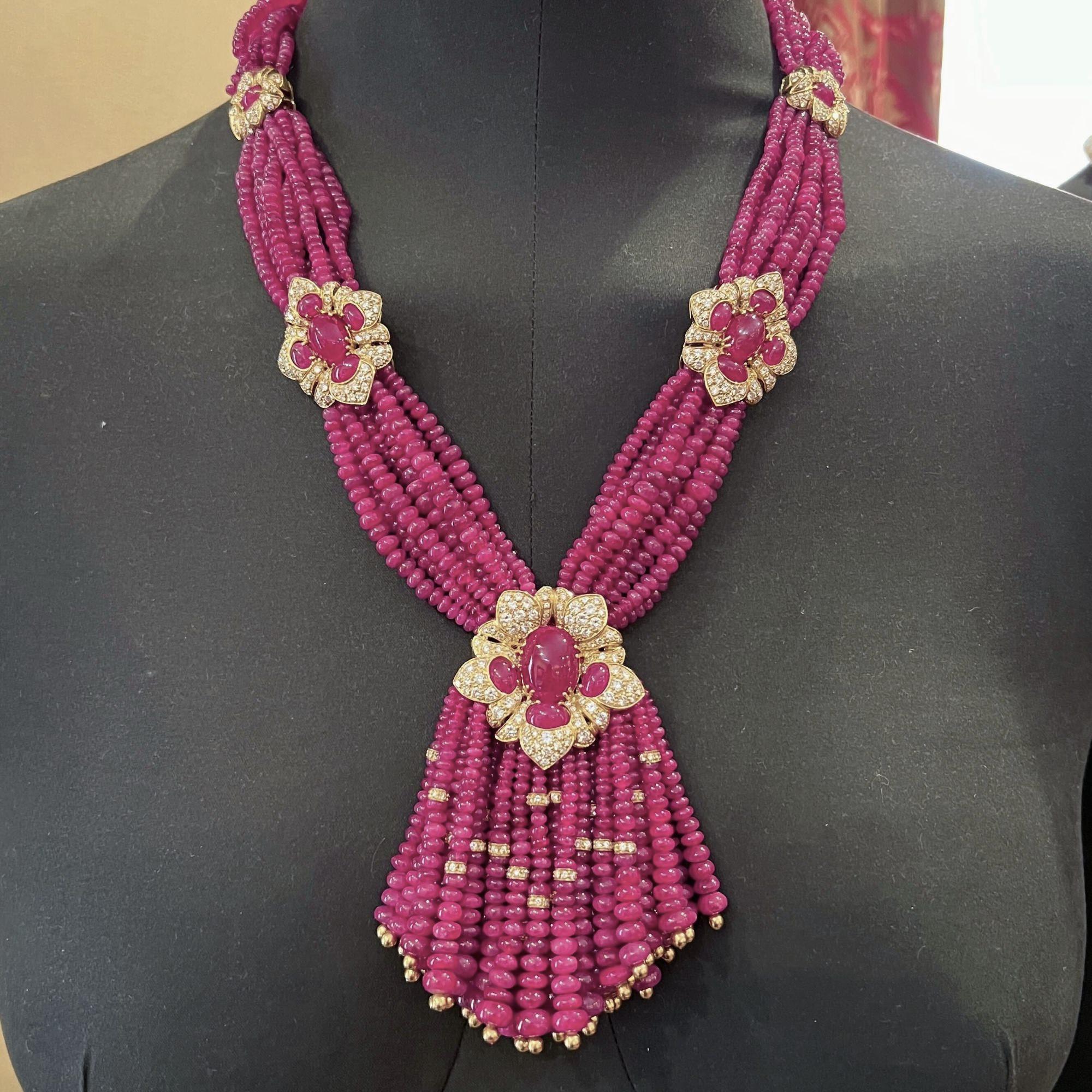 GIOVANE Multi-Strand Ruby Bead Diamond Tassel Necklace  In Good Condition For Sale In New York, NY