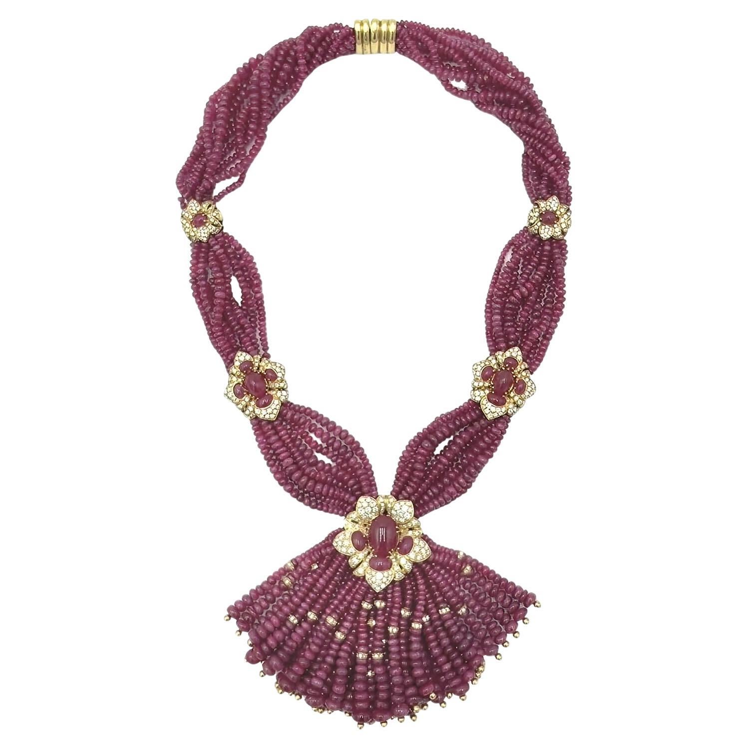 GIOVANE Multi-Strand Ruby Bead Diamond Tassel Necklace  For Sale