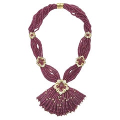 Retro GIOVANE Multi-Strand Ruby Bead Diamond Tassel Necklace 