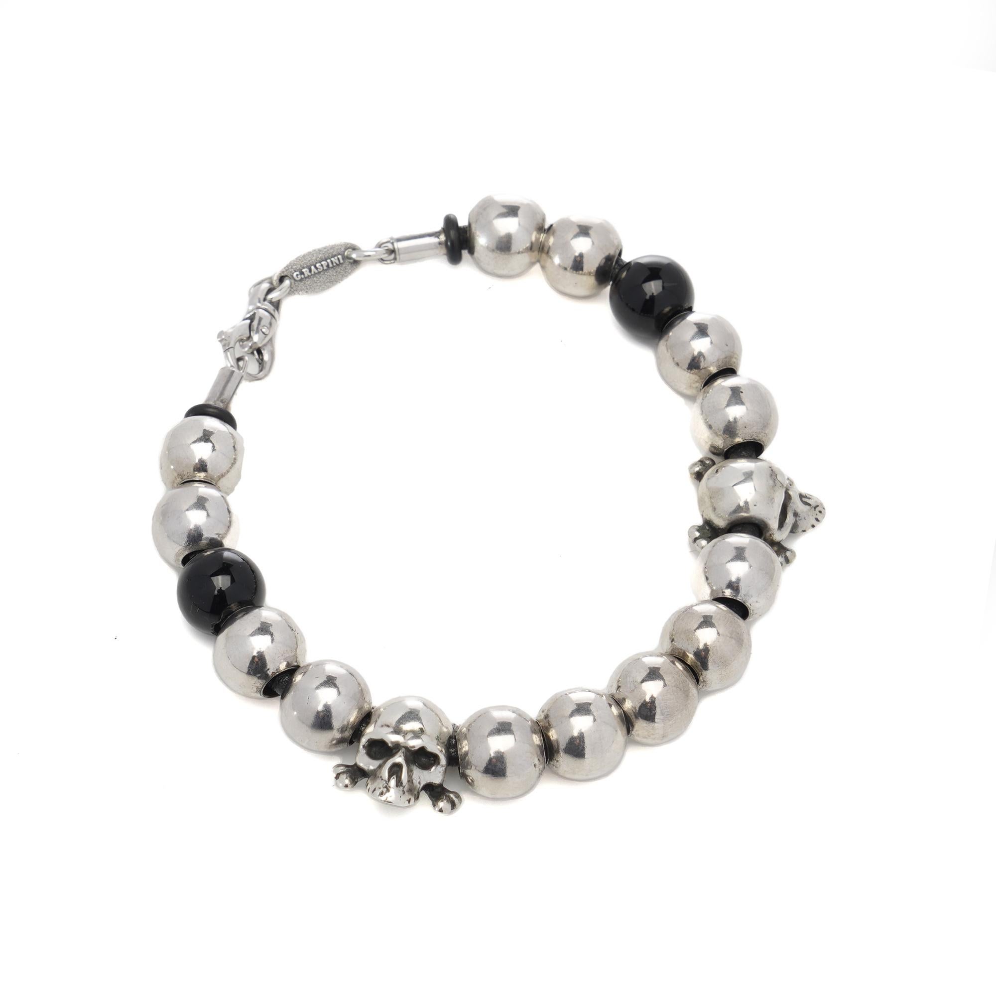 Giovani Raspini sterling 925 silver bead bracelet with skull accents In Good Condition For Sale In Braintree, GB