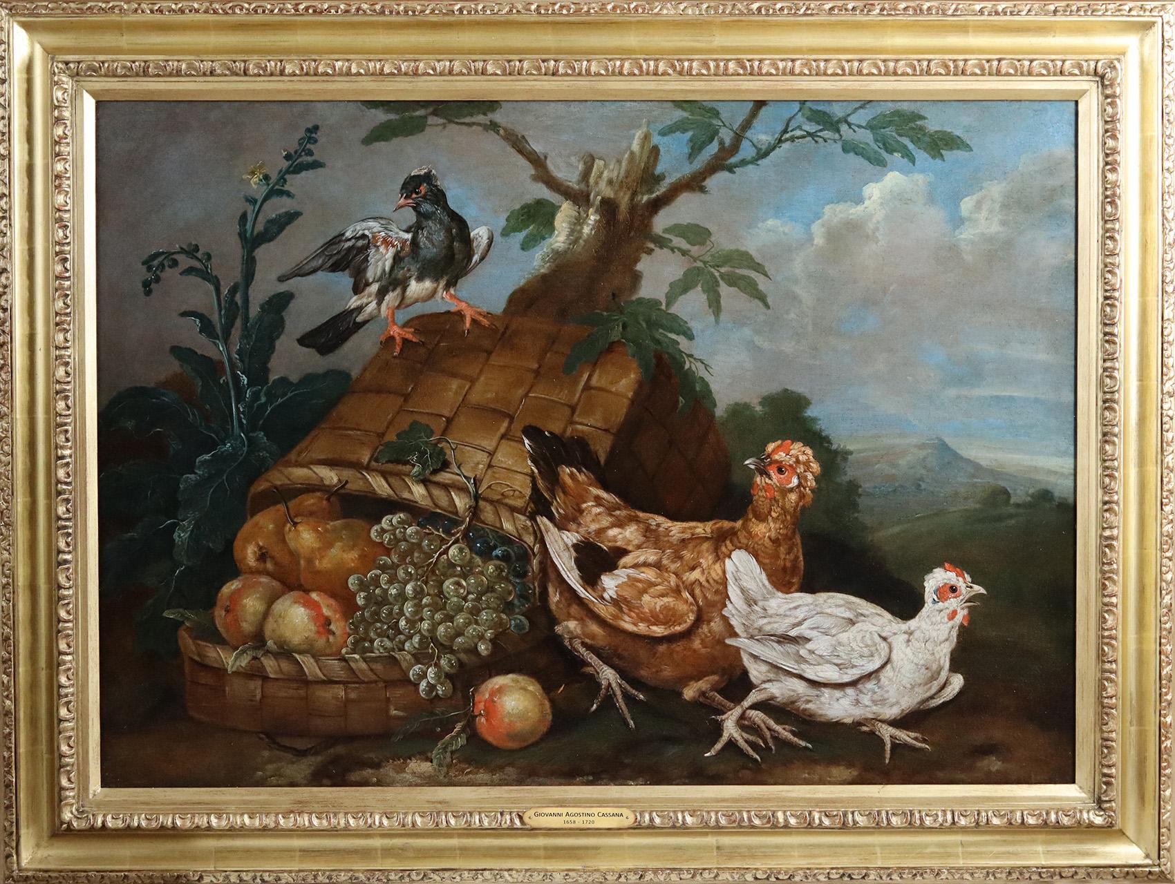 Vögel mit einem umgedrehten Obstkorb 1 – Painting von Giovanni Agostino Cassana 