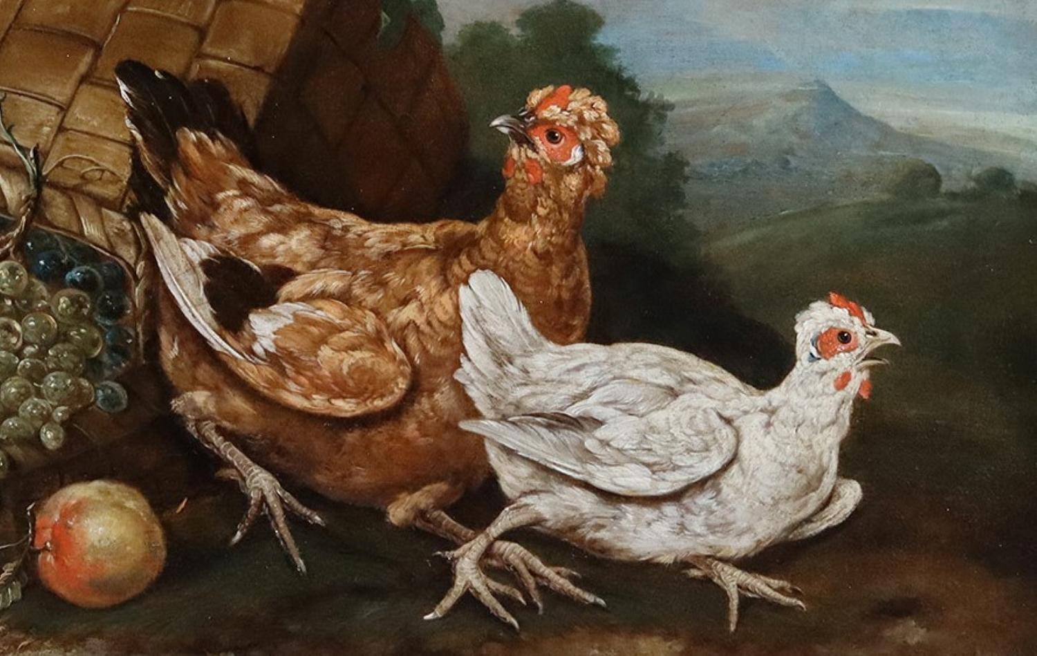 Giovanni Agostino Cassana 
(ca. 1658 - 6. Mai 1720) Venezianer

Vögel mit einem umgedrehten Korb voller Früchte

Öl auf Leinwand: 25 x 35 Zoll. Rahmen: 33 x 43 Zoll.

Abate, oder Giovanni Agostino Cassana (ca. 1658 - 6. Mai 1720) war ein