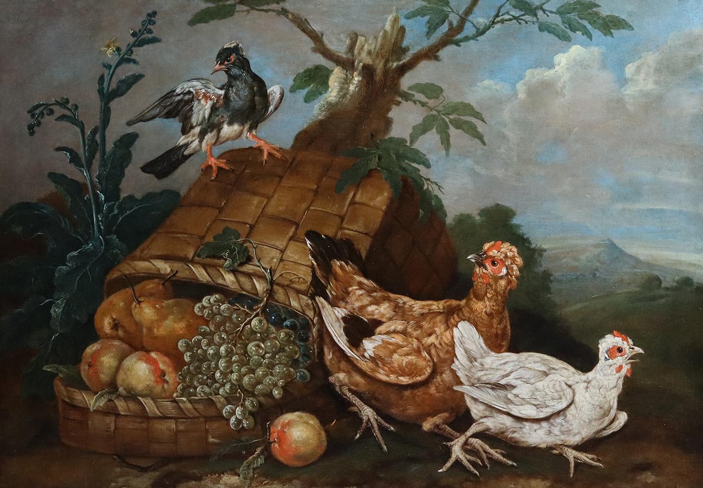 Giovanni Agostino Cassana  Landscape Painting - Birds with an Upturned Basket of Fruit 1