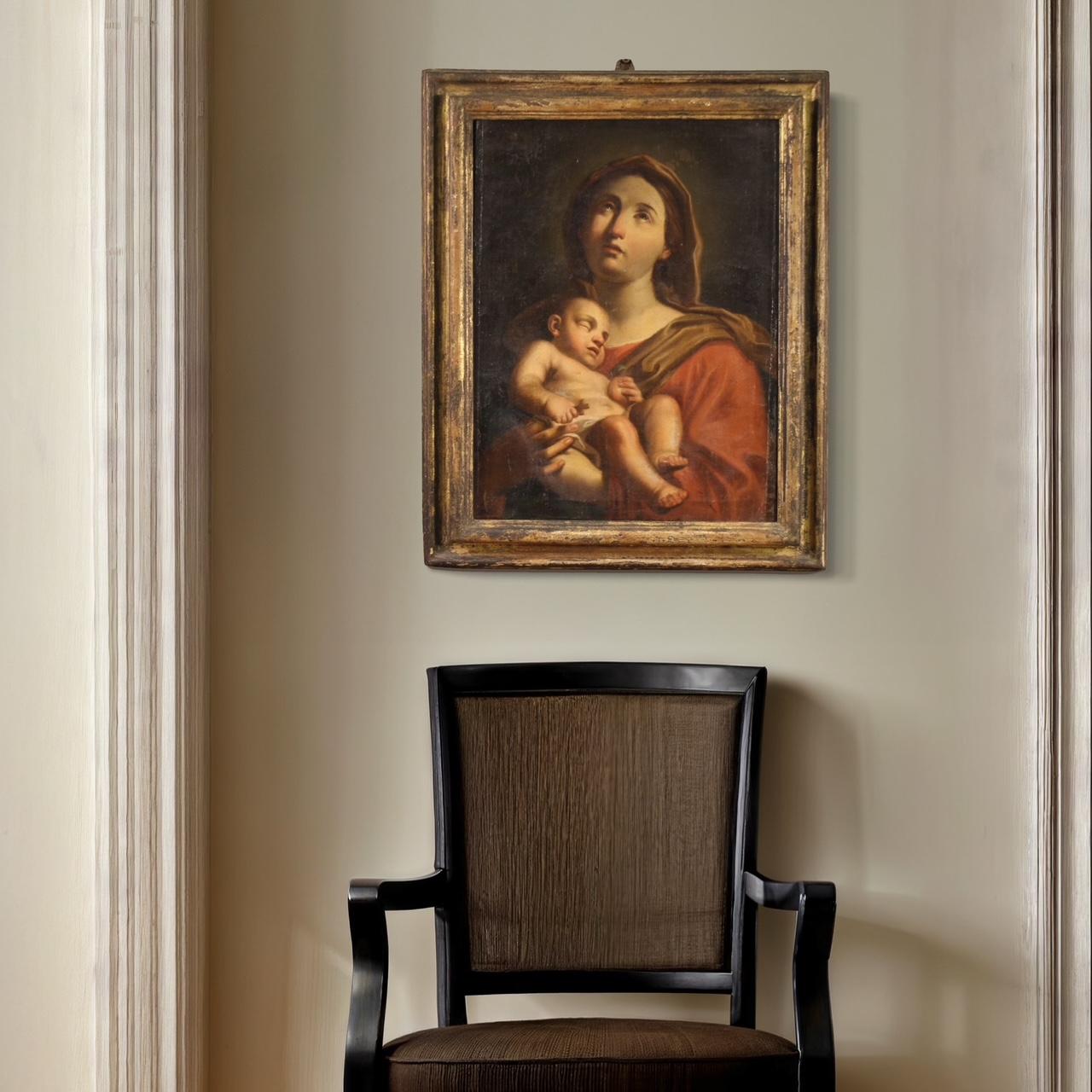 siglo XVII Óleo sobre Lienzo Pintura Religiosa Antigua Italiana Virgen con Niño 10