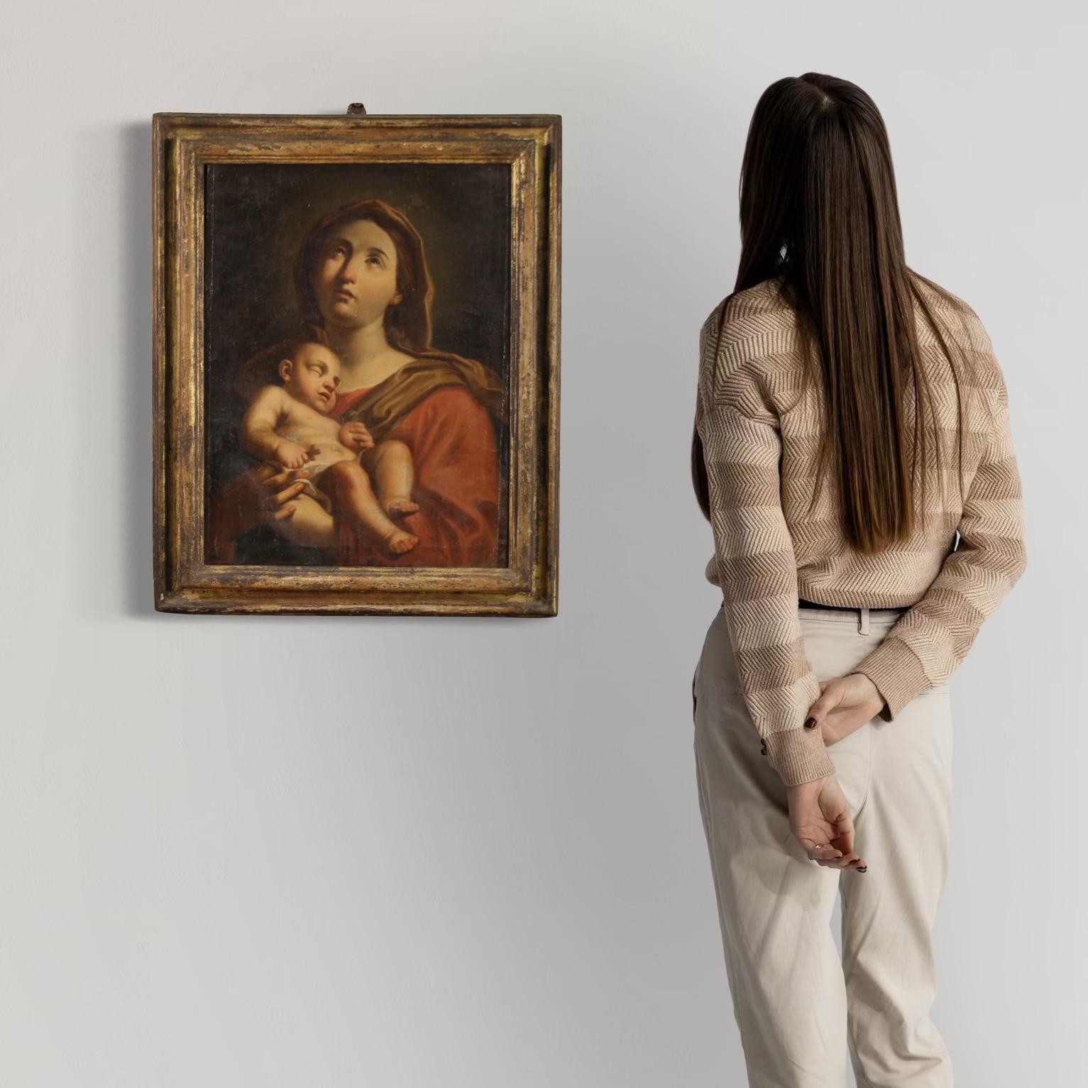 siglo XVII Óleo sobre Lienzo Pintura Religiosa Antigua Italiana Virgen con Niño - Painting de Giovanni Andrea Sirani