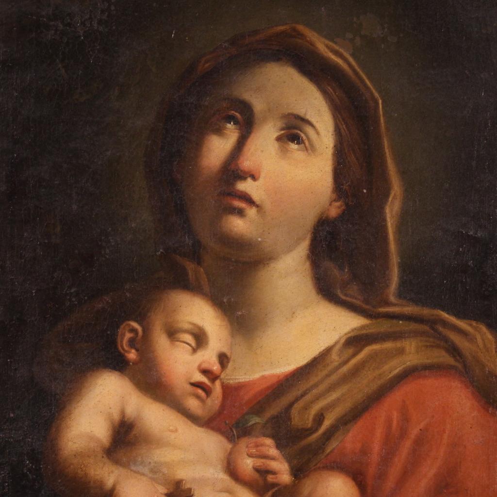 siglo XVII Óleo sobre Lienzo Pintura Religiosa Antigua Italiana Virgen con Niño - Figurative Painting Black de Giovanni Andrea Sirani