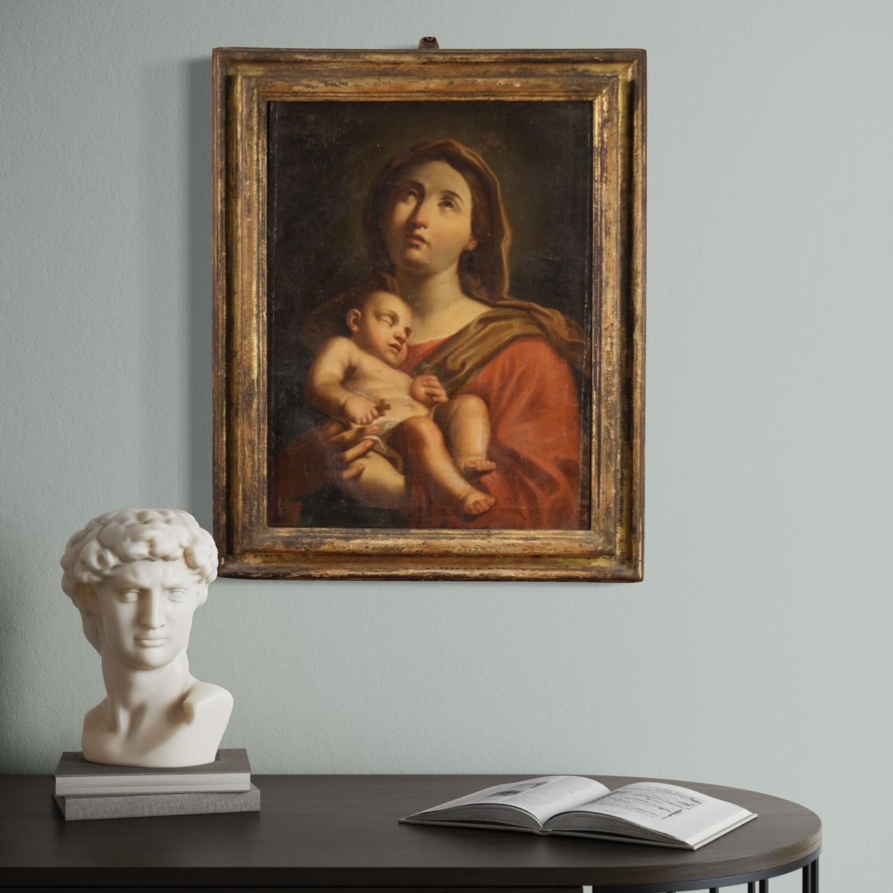siglo XVII Óleo sobre Lienzo Pintura Religiosa Antigua Italiana Virgen con Niño 1