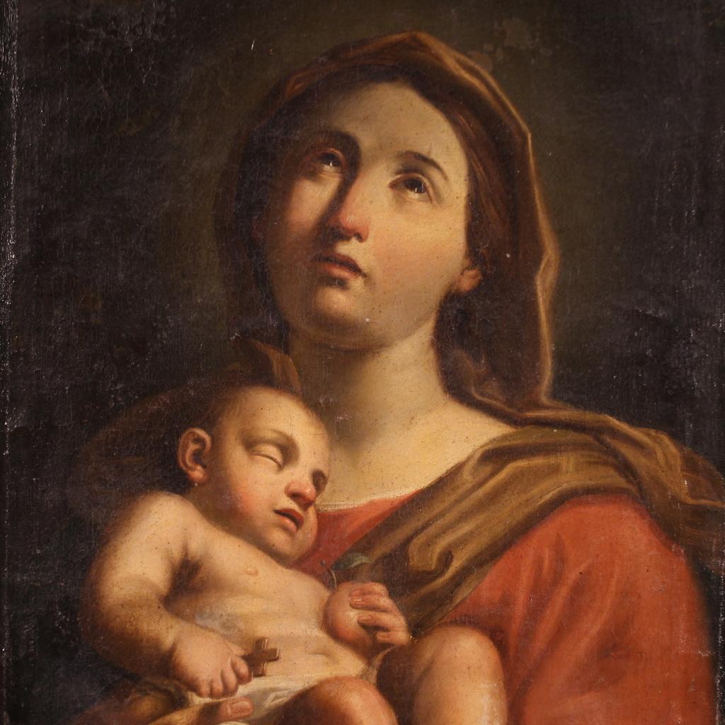 siglo XVII Óleo sobre Lienzo Pintura Religiosa Antigua Italiana Virgen con Niño 3