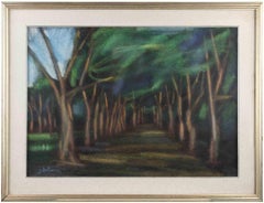 Street bordée d'arbres - Peinture à l'huile de Giovanni Antoci - 1970
