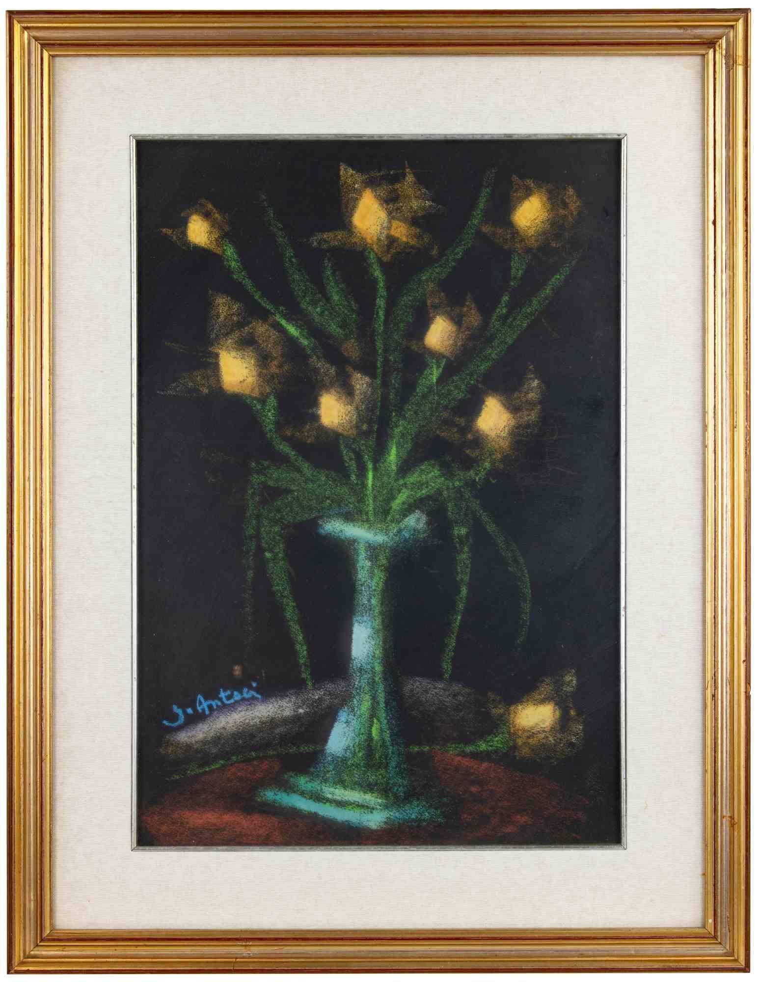 Vaso di fiori gialli - Dipinto a olio di Giovanni Antoci - Fine XX secolo in vendita 1
