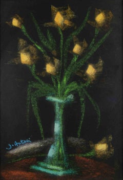 Yellow Flower Vase - Oil Paint by Giovanni Antoci - Late 20th Century