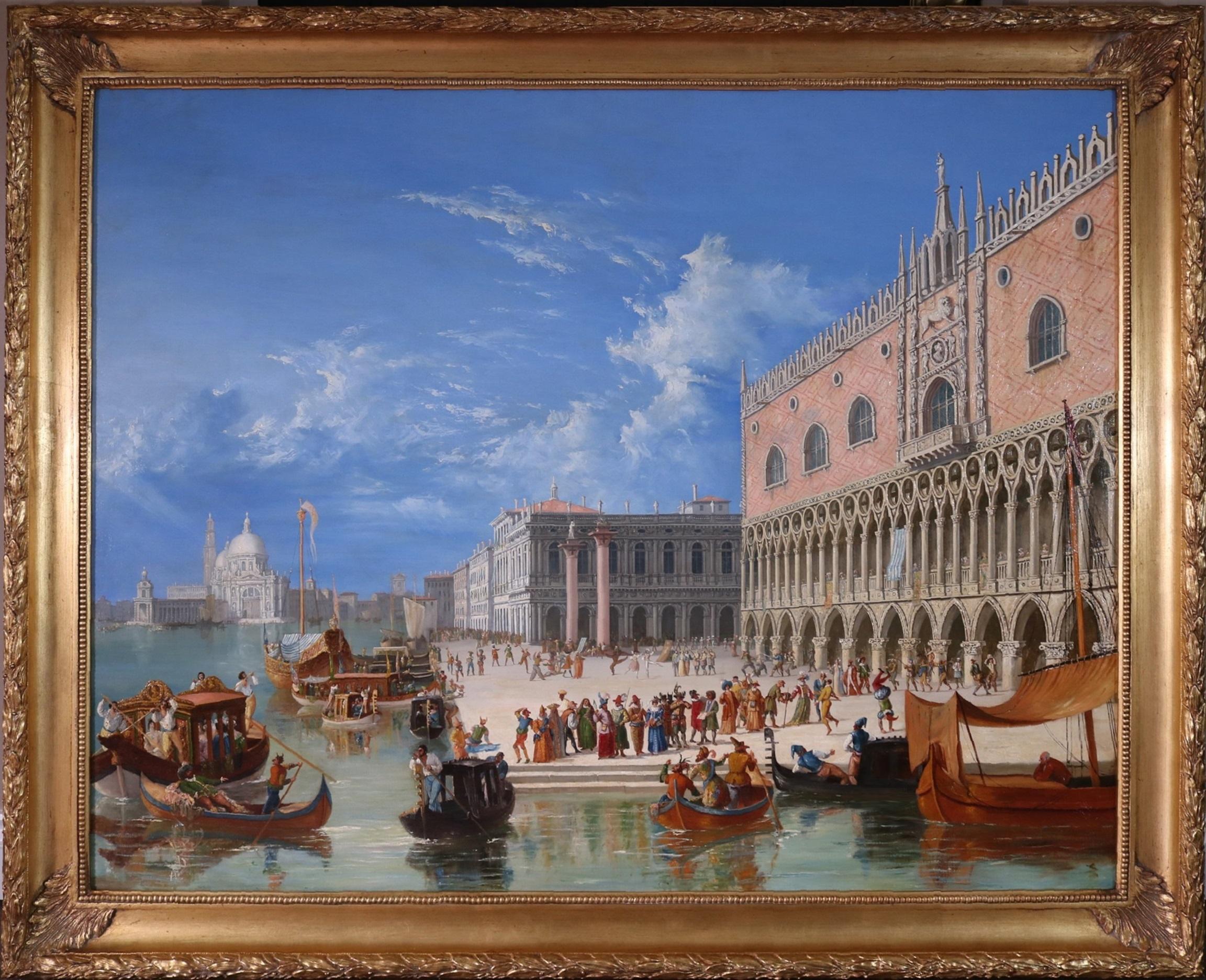 A large 19th century oil on canvas depicting an extensive view of the Ducal Palace and St. Mark’s Square where hundreds of revellers in costumes and masks celebrate the ‘Carnevale di Venezia’. William James is widely considered to have been the