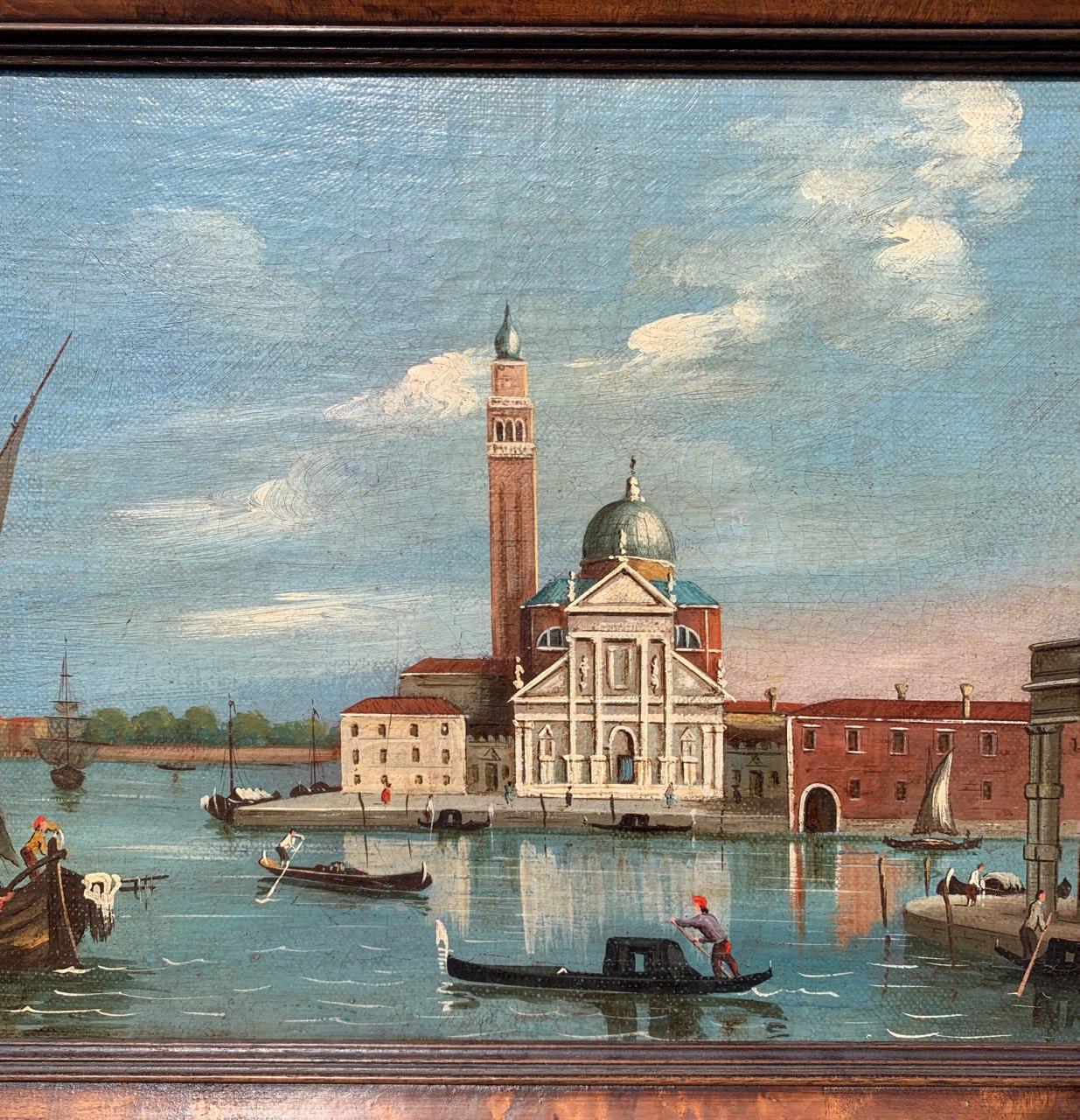 Anhänger von Antonio Canal, bekannt als Canaletto (19. Jahrhundert) - Venedig, Blick auf die Insel S. Giorgio von der Punta della Dogana.

30 x 40 cm ohne Rahmen, 41,5 x 51,5 cm mit Rahmen.

Öl auf Leinwand, in einem Holzrahmen.

Zustandsbericht: