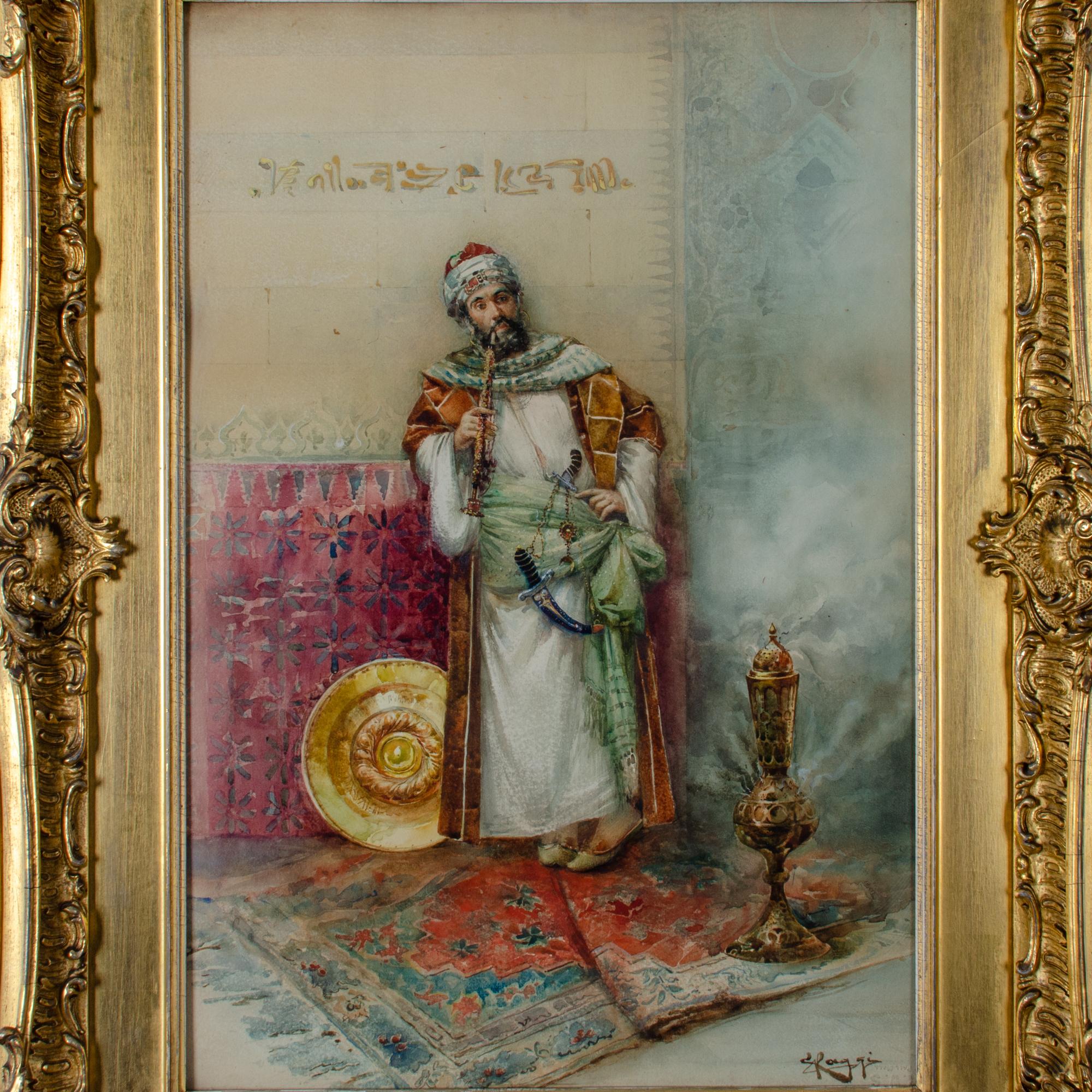 Giovanni Antonio Raggi

(Italien, fin du 19e siècle)

Scène représentant un fumeur de narguilé.

Aquarelle et gouache sur papier.

vue : 14 par 20 ¾ pouces

Cadre : 23 x 30 pouces
