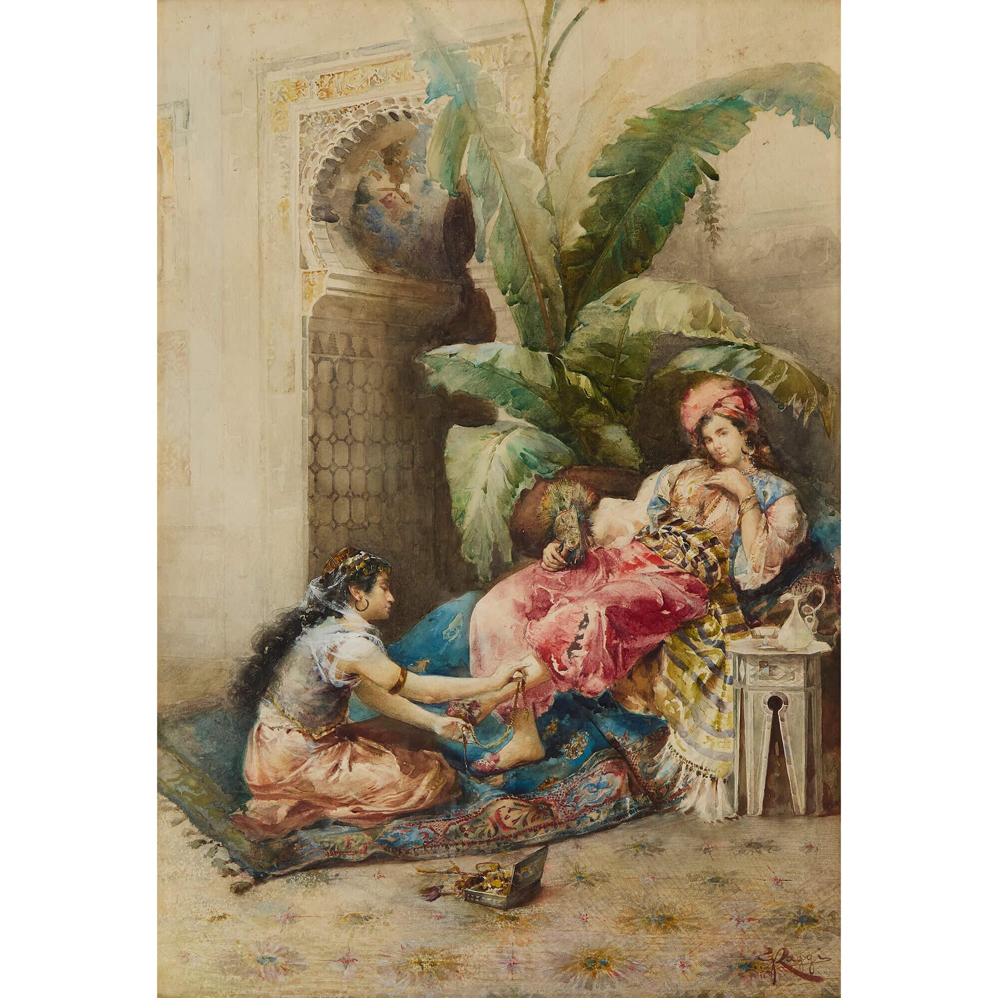 Orientalisches Aquarell Frau Dienstmädchen Interieur Giovanni Raggi Italienisch 19. – Painting von Giovanni Antonio Raggi
