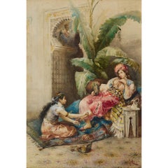 Orientalisches Aquarell Frau Dienstmädchen Interieur Giovanni Raggi Italienisch 19.