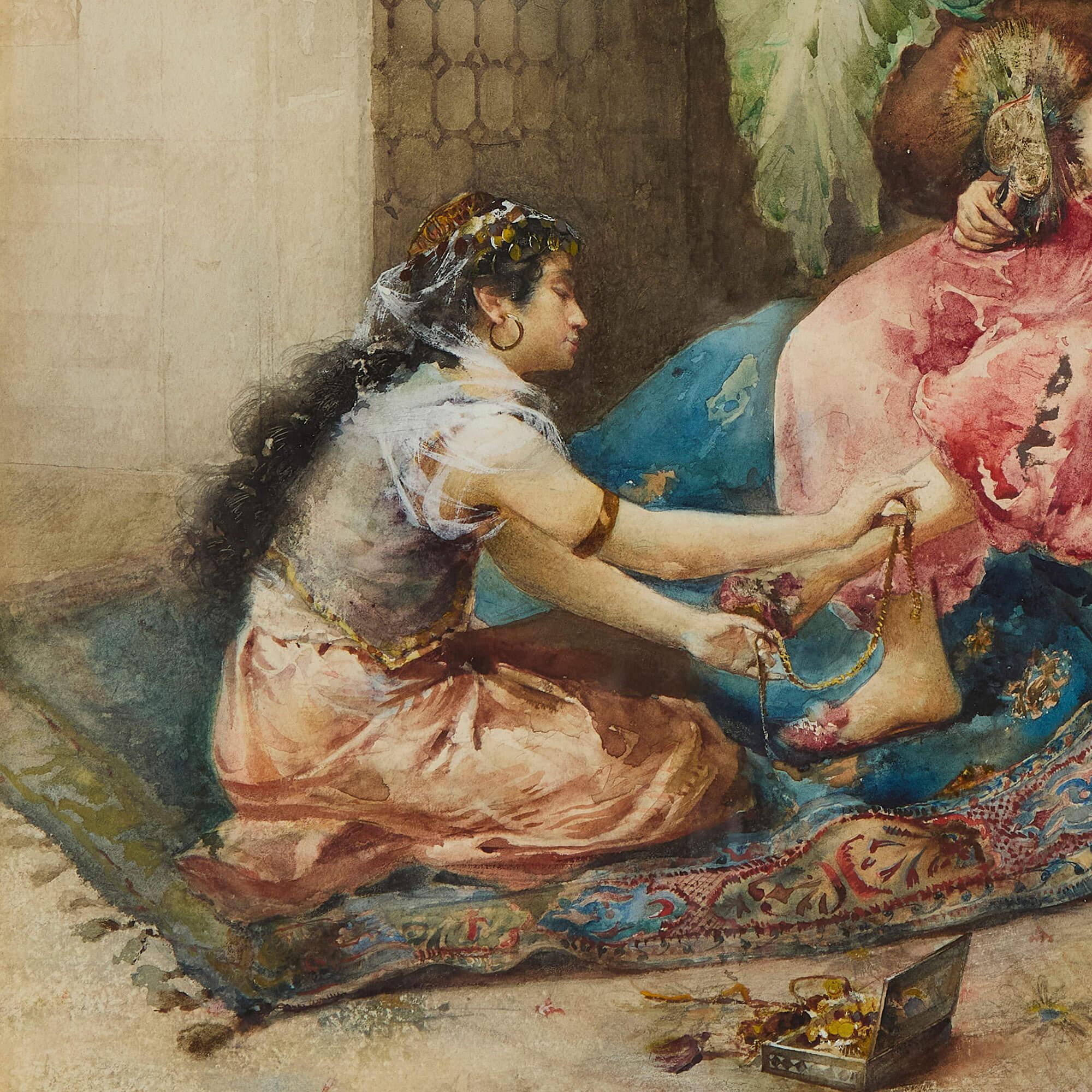 Orientalisches Aquarell Frau Dienstmädchen Interieur Giovanni Raggi Italienisch 19. (Braun), Figurative Painting, von Giovanni Antonio Raggi