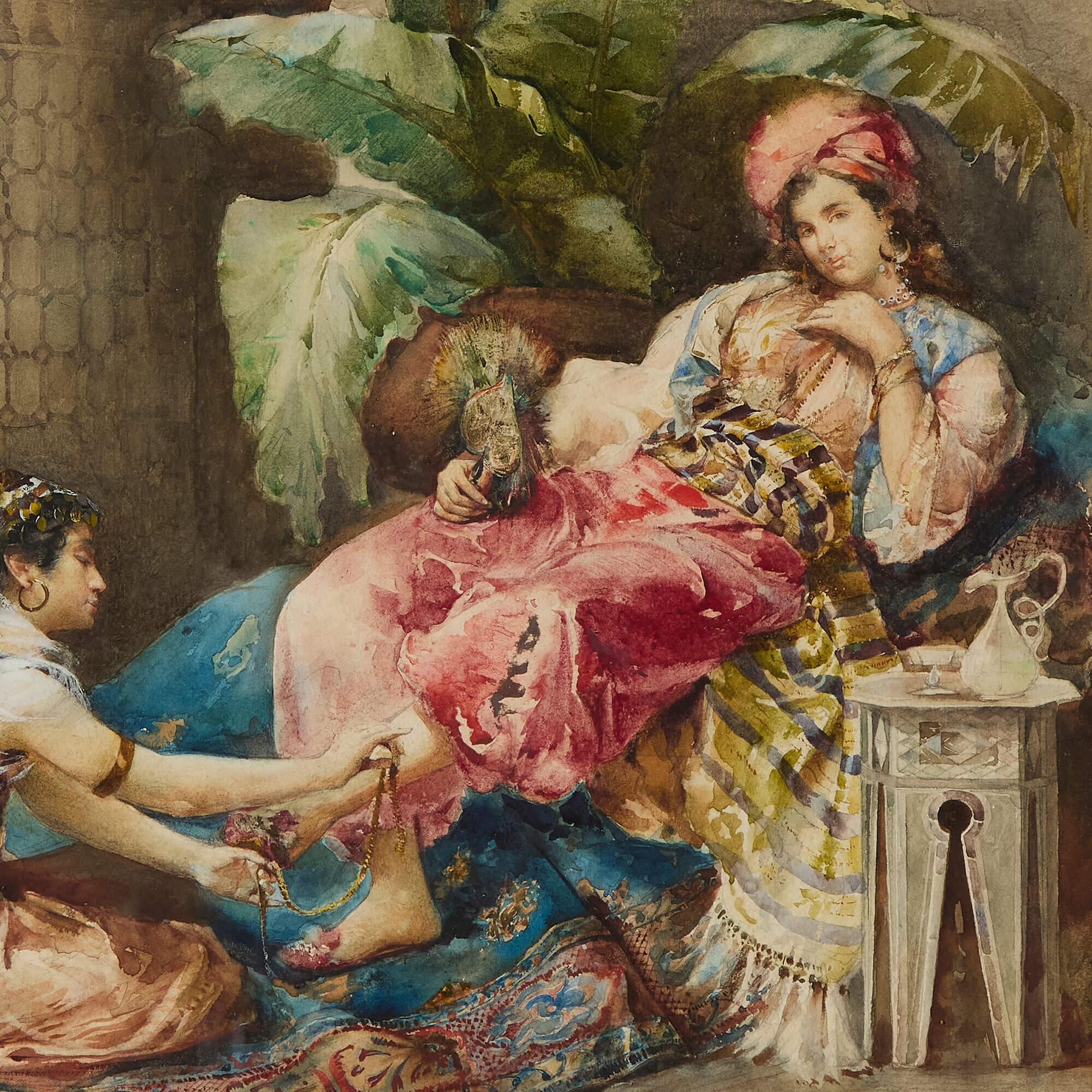 Orientalisches Aquarell Frau Dienstmädchen Interieur Giovanni Raggi Italienisch 19.
Italienisch, Ende 19. Jahrhundert
Papier: Höhe 55cm, Breite 37cm
Rahmen: Höhe 75cm, Breite 57,5cm, Tiefe 3cm

Dieses exquisite Aquarell von Giovanni Antonio Raggi