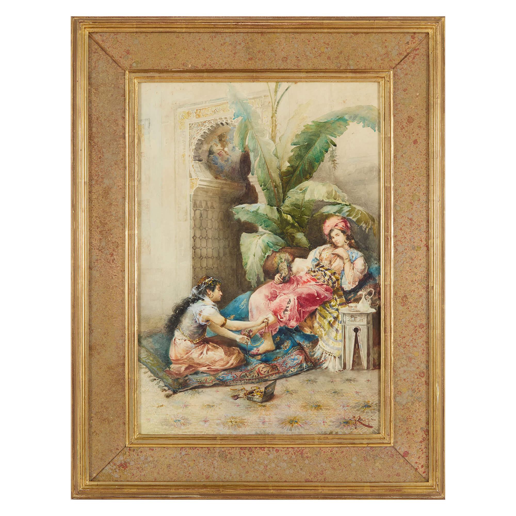 Orientalist Watercolour Woman Maid Interior Giovanni Raggi Italian 19th Century
