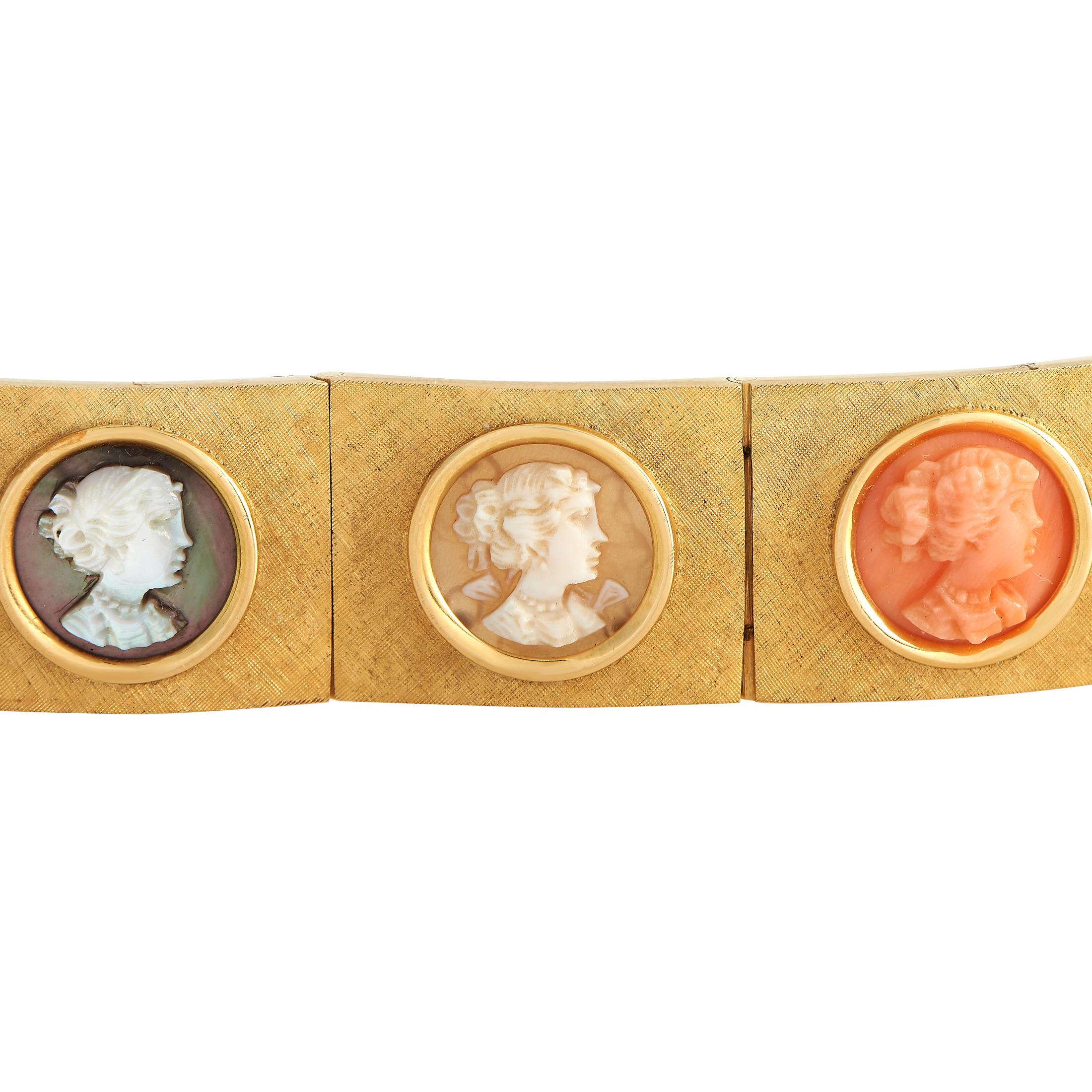 This vintage Giovanni Apa bracelet is an accessory that will continually capture your imagination. A series of multicolored cameo panels make this 18K yellow gold bracelet simply unforgettable. Bold and incredibly elegant, it measures 7.25 long and