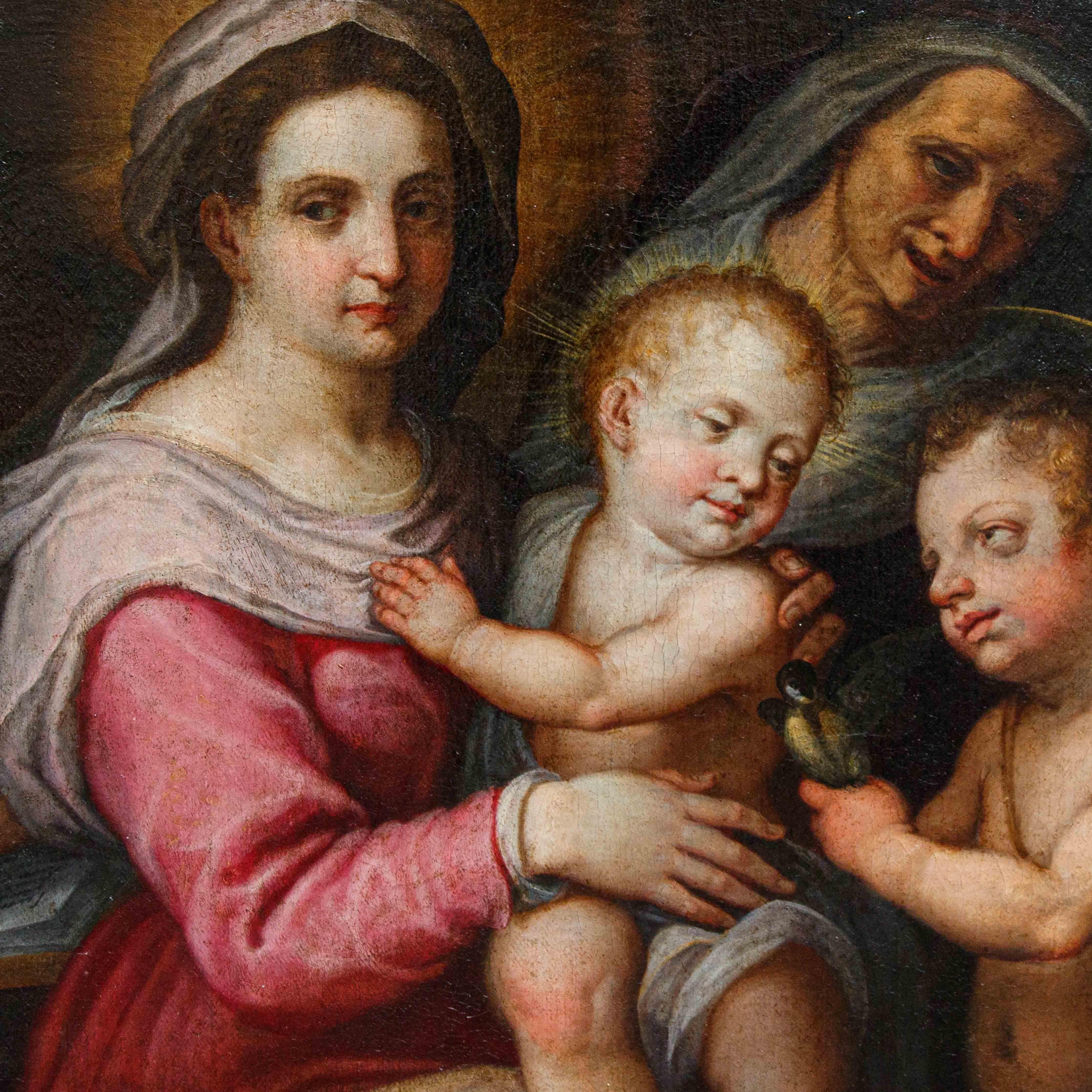 Giovanni Balducci, genannt Cosci (Florenz, 1560 - Neapel, 1631)

Madonna mit Kind, St. Johannes, St. Joseph und St. Elisabeth

Öl auf Leinwand, 120 x 110 cm

Die Madonna und das Kind, die in der Mitte der Komposition gut beleuchtet sind, werden von