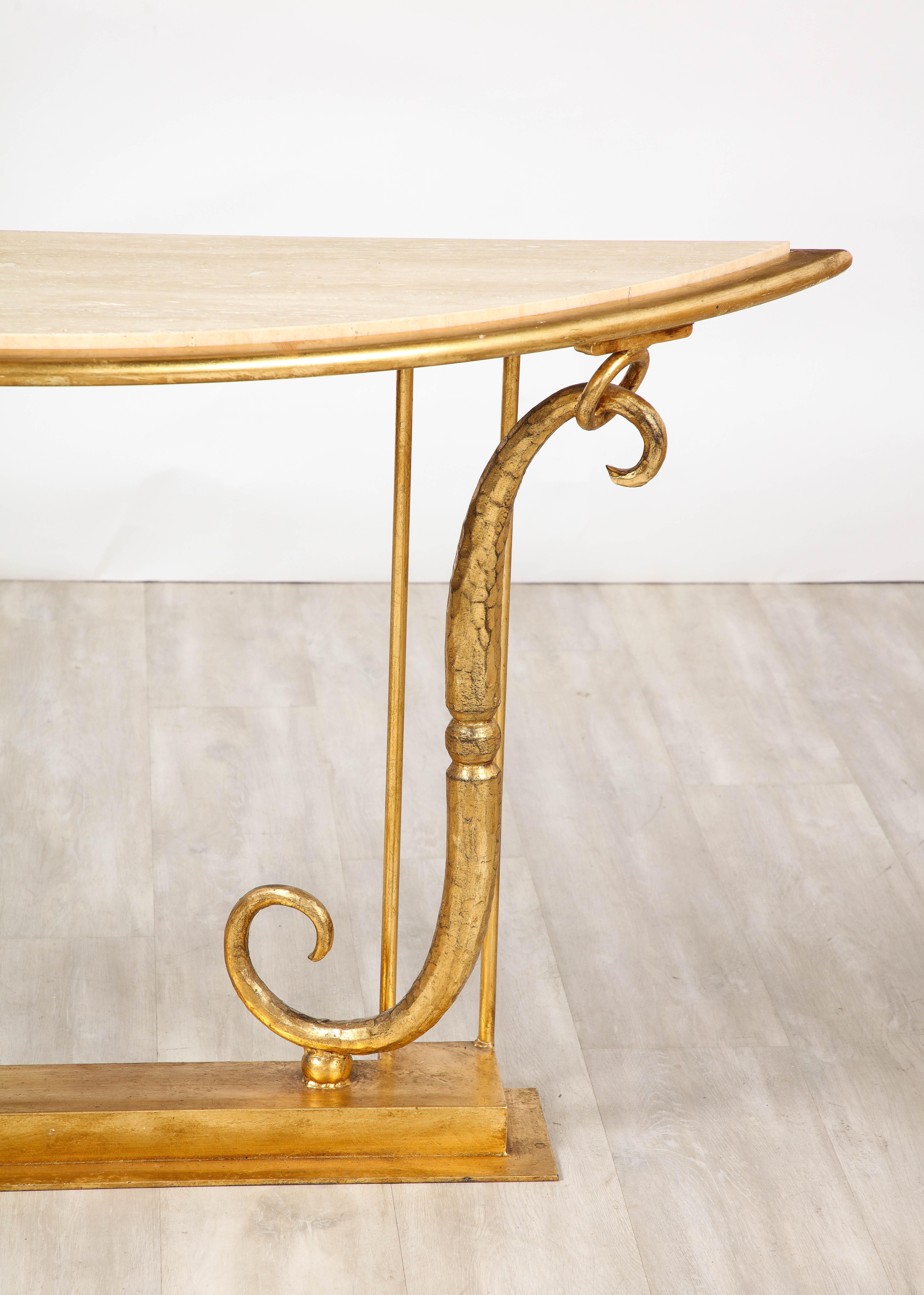 Modern Giovanni Banci Neoclassical Gilt Iron, Travertine Console Table, Italy, 1970  For Sale