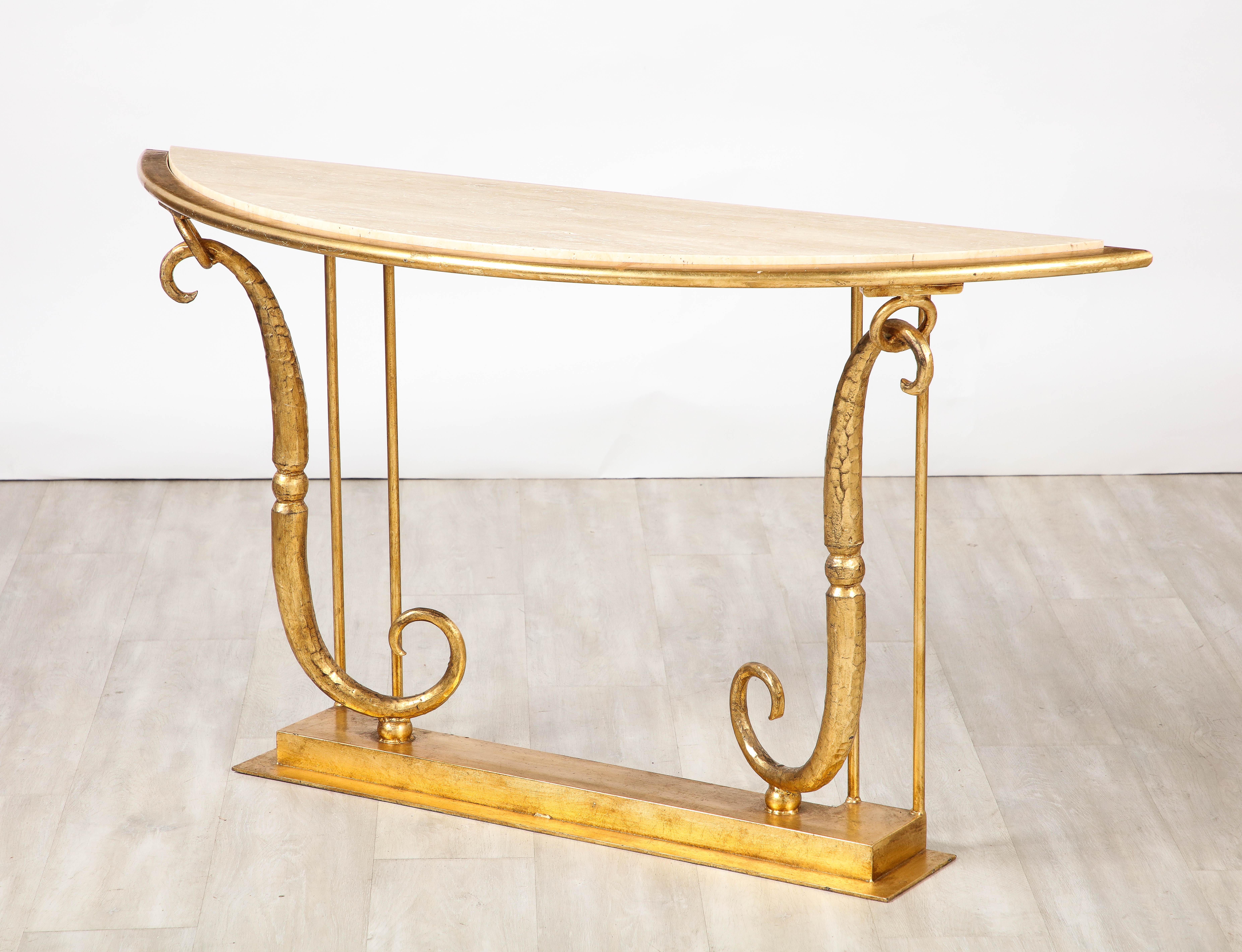 Giovanni Banci Neoclassical Gilt Iron, Travertine Console Table, Italy, 1970  In Good Condition For Sale In New York, NY