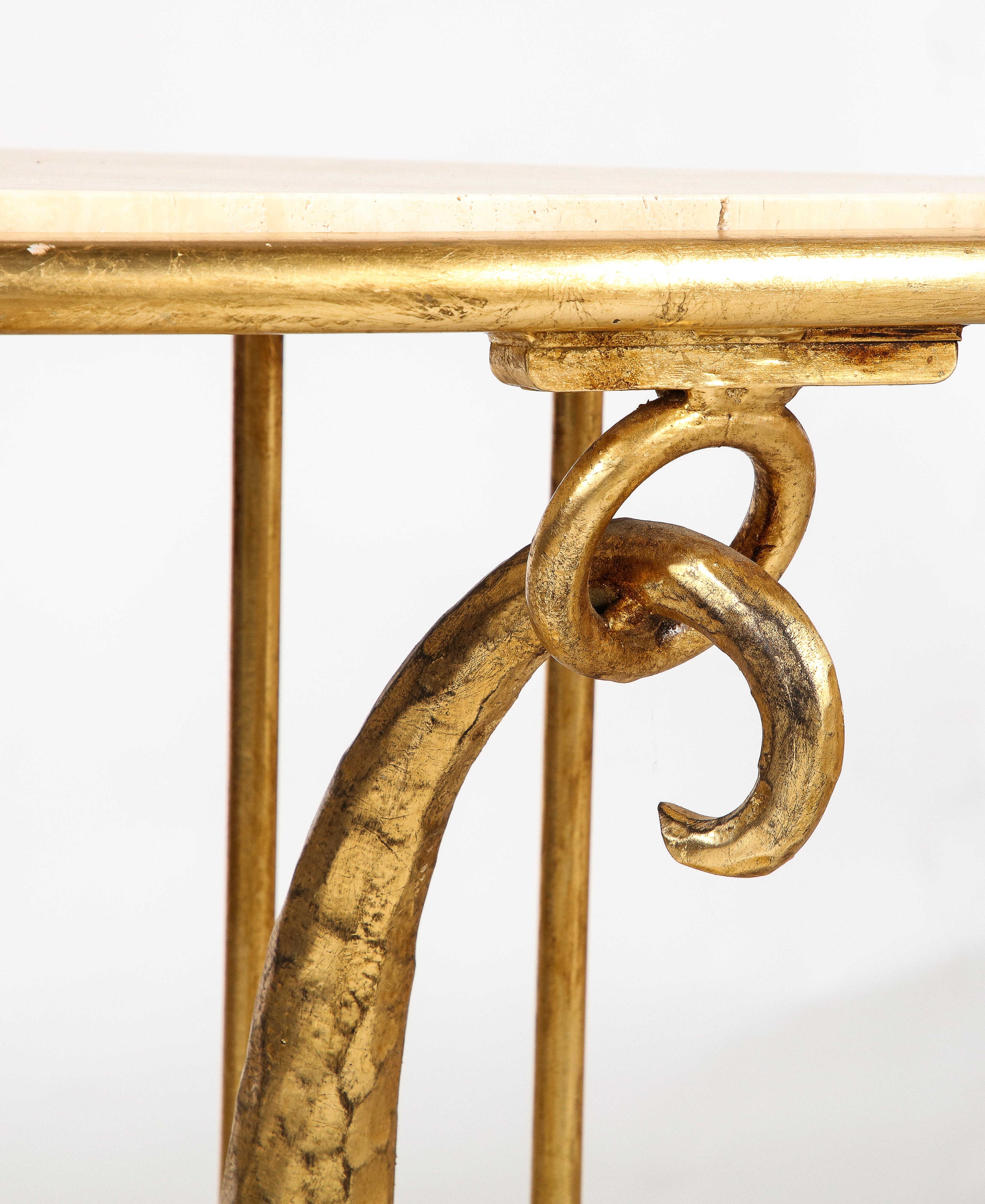 Late 20th Century Giovanni Banci Neoclassical Gilt Iron, Travertine Console Table, Italy, 1970  For Sale