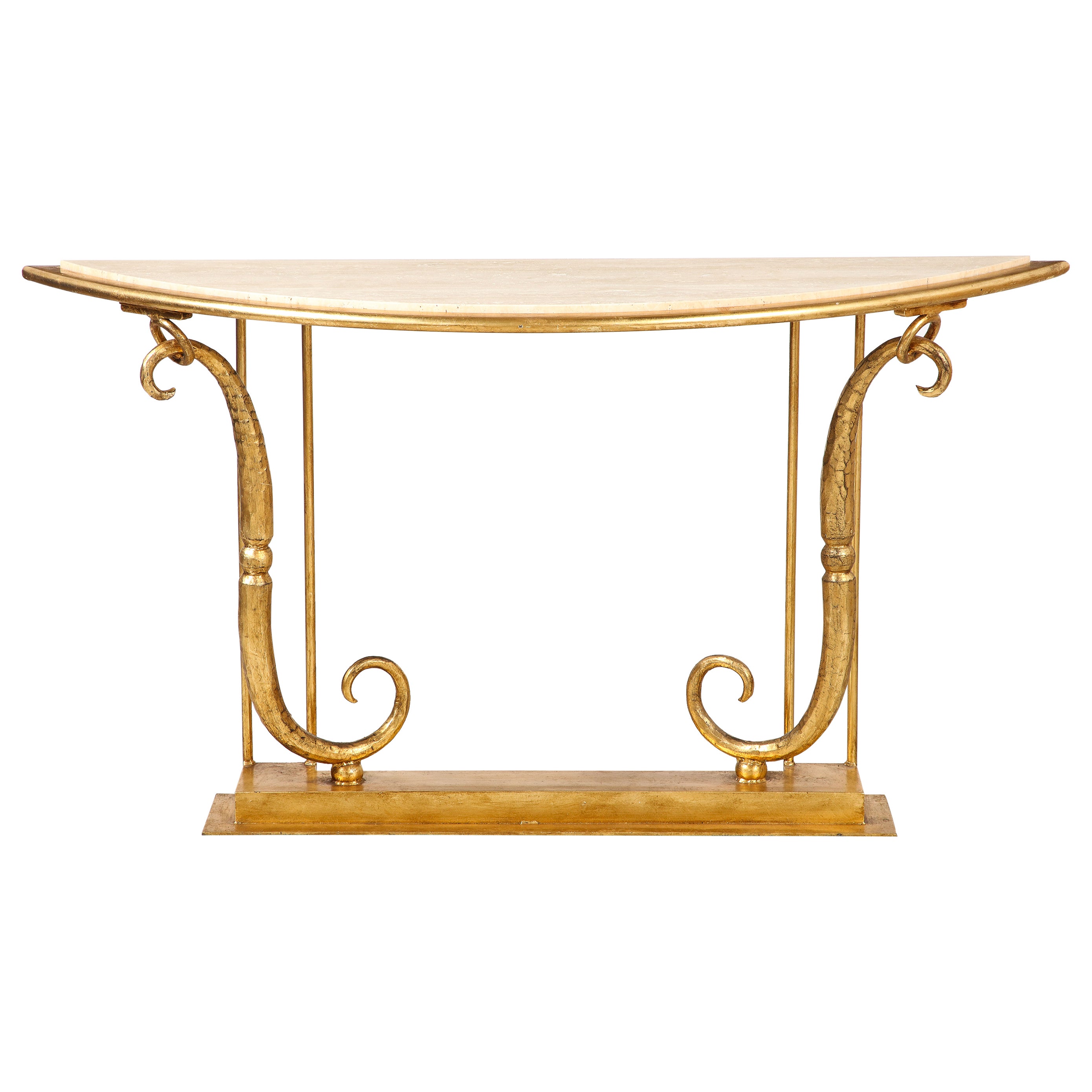 Giovanni Banci Neoclassical Gilt Iron, Travertine Console Table, Italy, 1970