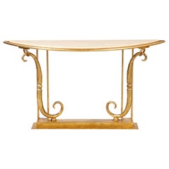 Giovanni Banci Neoclassical Gilt Iron, Travertine Console Table, Italy, 1970