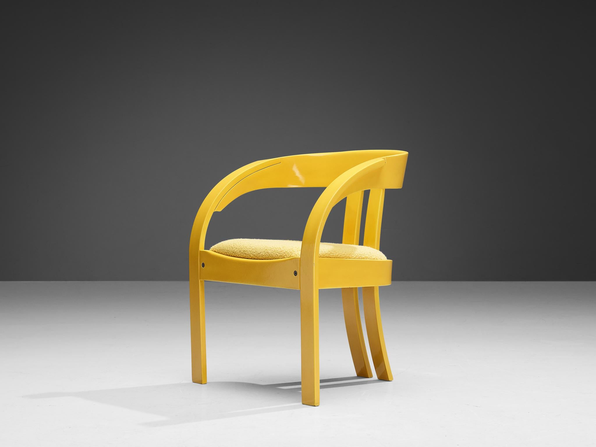 Giovanni Battista Bassi, for Poltronova, armchair, lacquered wood, fabric, Italy 1960s

A cheerful curvy yellow lacquered wooden armchair with soft yellow upholstery. Designed by the architect and designer Giovanni Battista Bassi. 

Please note