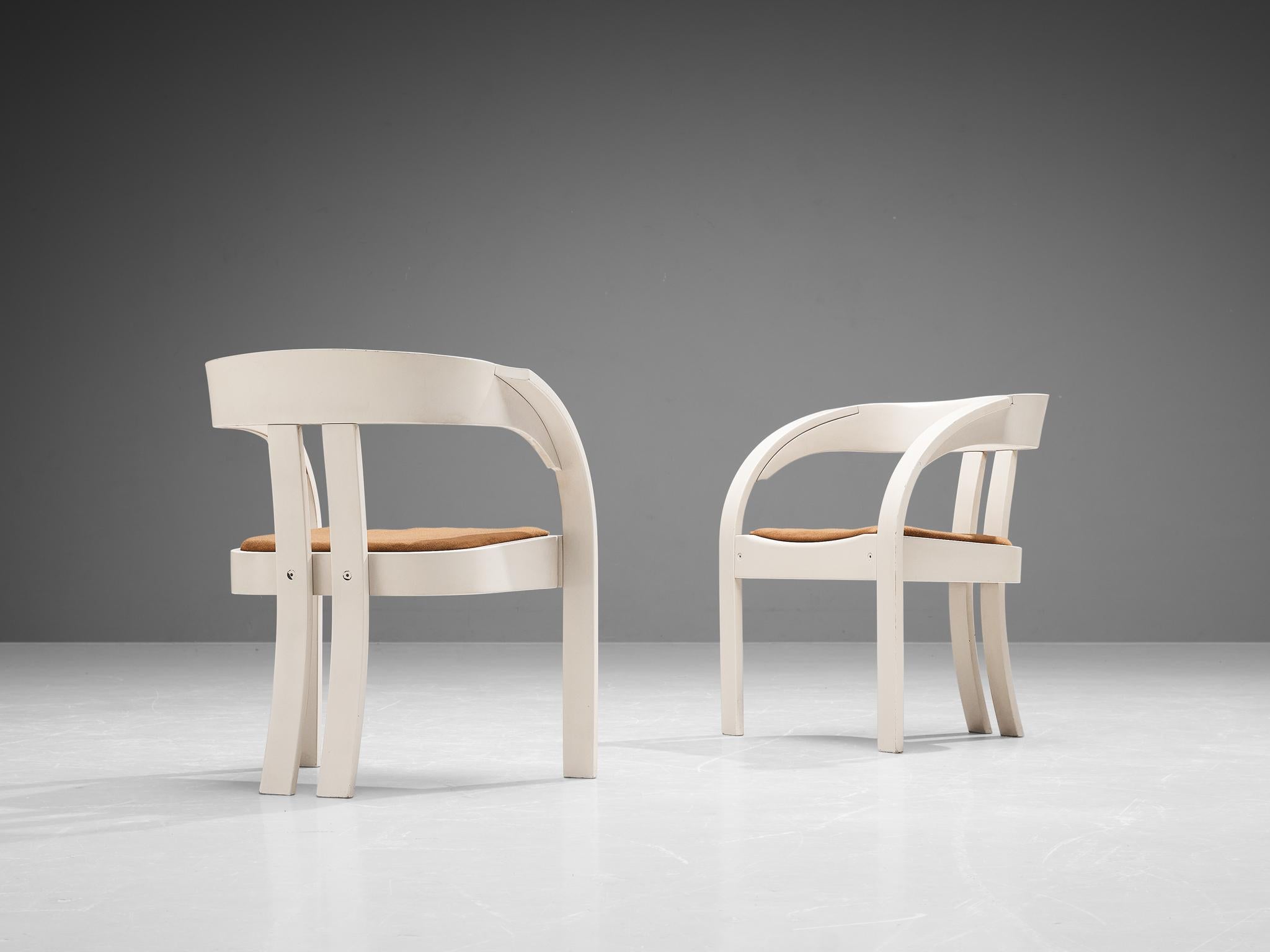 Giovanni Battista Bassi for Poltronova, pair of 'Elisa' chairs, fabric, lacquered wood, Italy, 1960s 

These wonderfully constructed chairs are based on a solid construction where clear, fluent lines are allowed to emerge in the design. Note how the