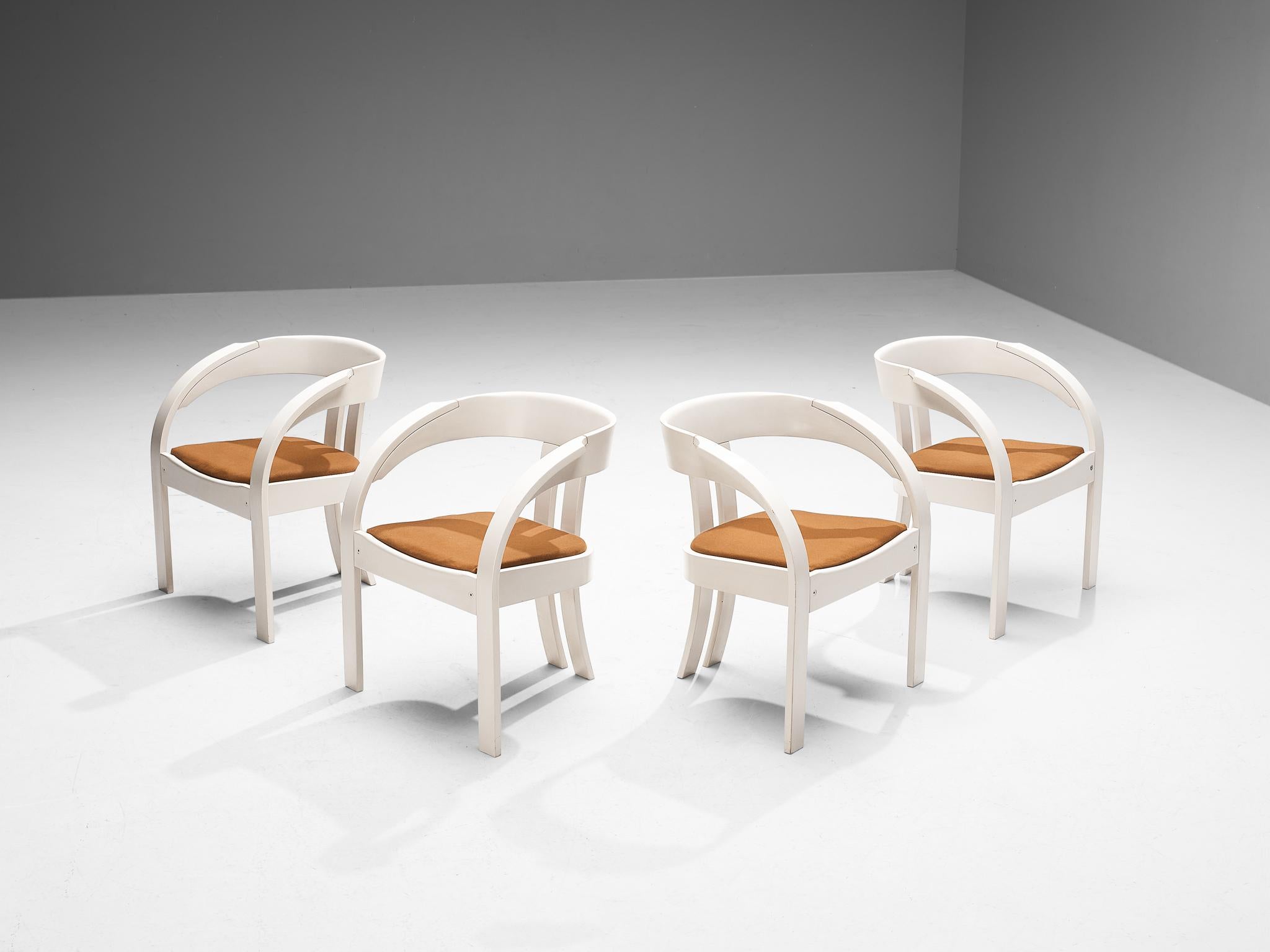 Giovanni Battista Bassi for Poltronova, set of four armchairs model 'Elisa', fabric, lacquered wood, Italy, 1960s 

These wonderfully constructed chairs are based on a solid construction where clear, fluent lines are allowed to emerge in the design.