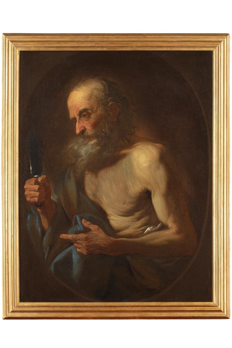 Giovan Battista Beinaschi (Fossano, 1636 - Naples 1688) 
Saint Bartholomew 
Oil on canvas, cm. 96 x 71,5 – with frame cm. 108 x 86
Shaped and gilded wooden cassetta frame
Expertise: Francesco Petrucci

The provenance of this painting is famous and