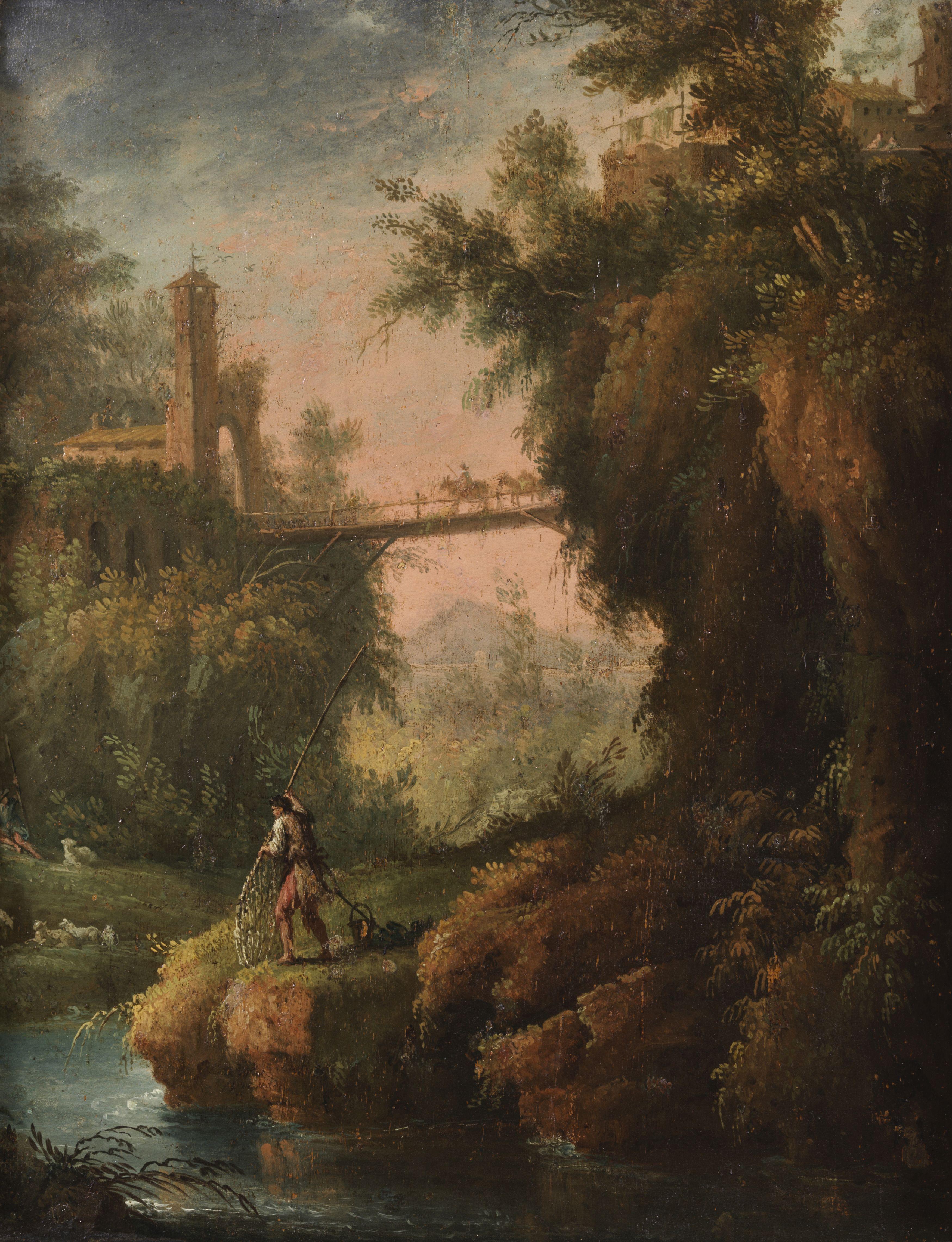 18th Century Landscape Giovanni Battista Busiri Nature Rome Oil on Panel Green For Sale 4