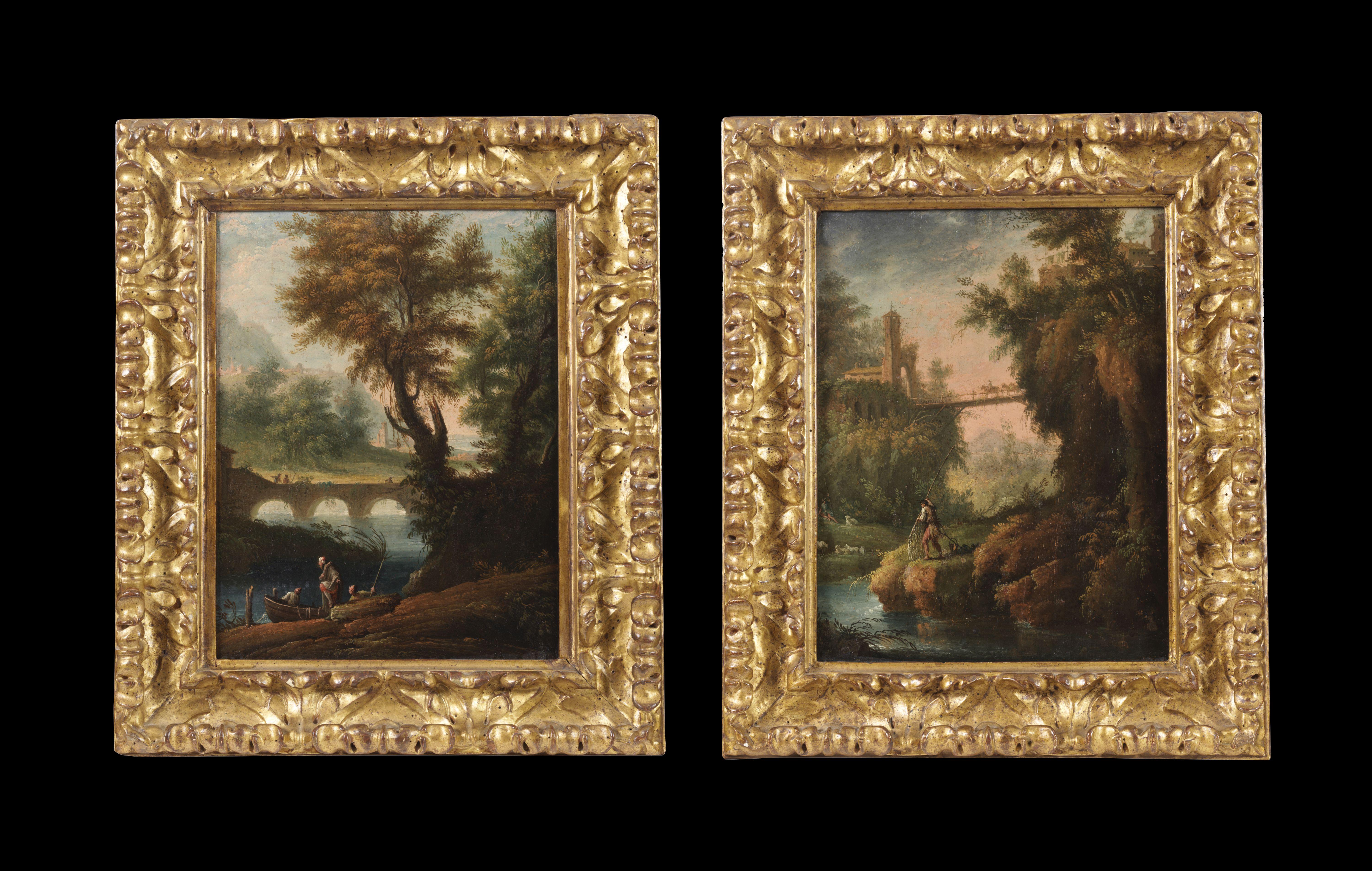 Ich habe mit großem Interesse dieses Gemäldepaar betrachtet, das angenehme und geschmackvolle "Landschaften" darstellt (Gemälde in Öl auf Tafel, 33 x 26 cm ohne Rahmen und 50 x 42 cm mit schönen zeitgenössischen Rahmen), mit Fischern bei der Arbeit
