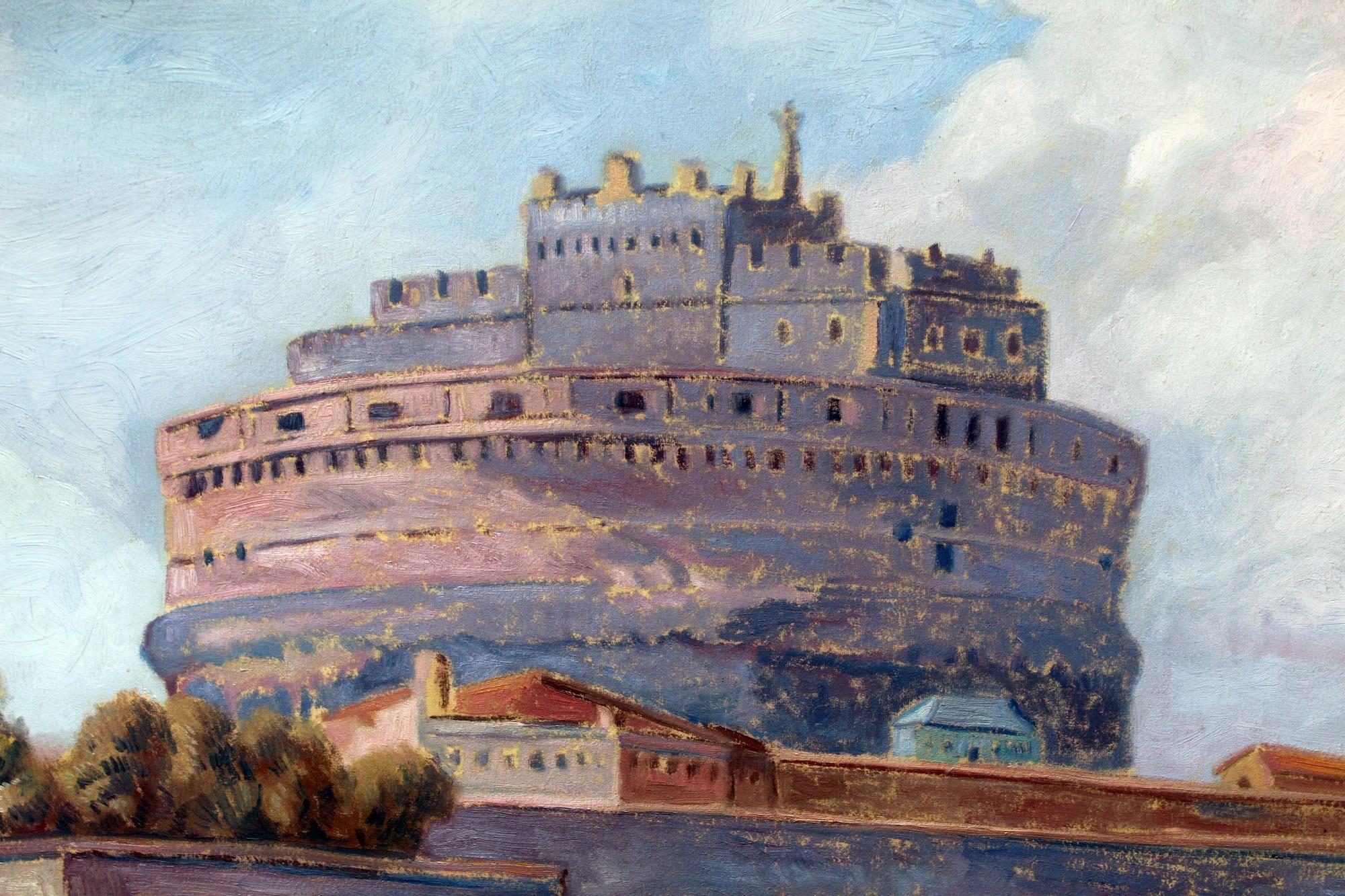 Paysage Peinture à l'huile Vue du château Saint-Ange depuis le fleuve Tibre Italie 20e en vente 1