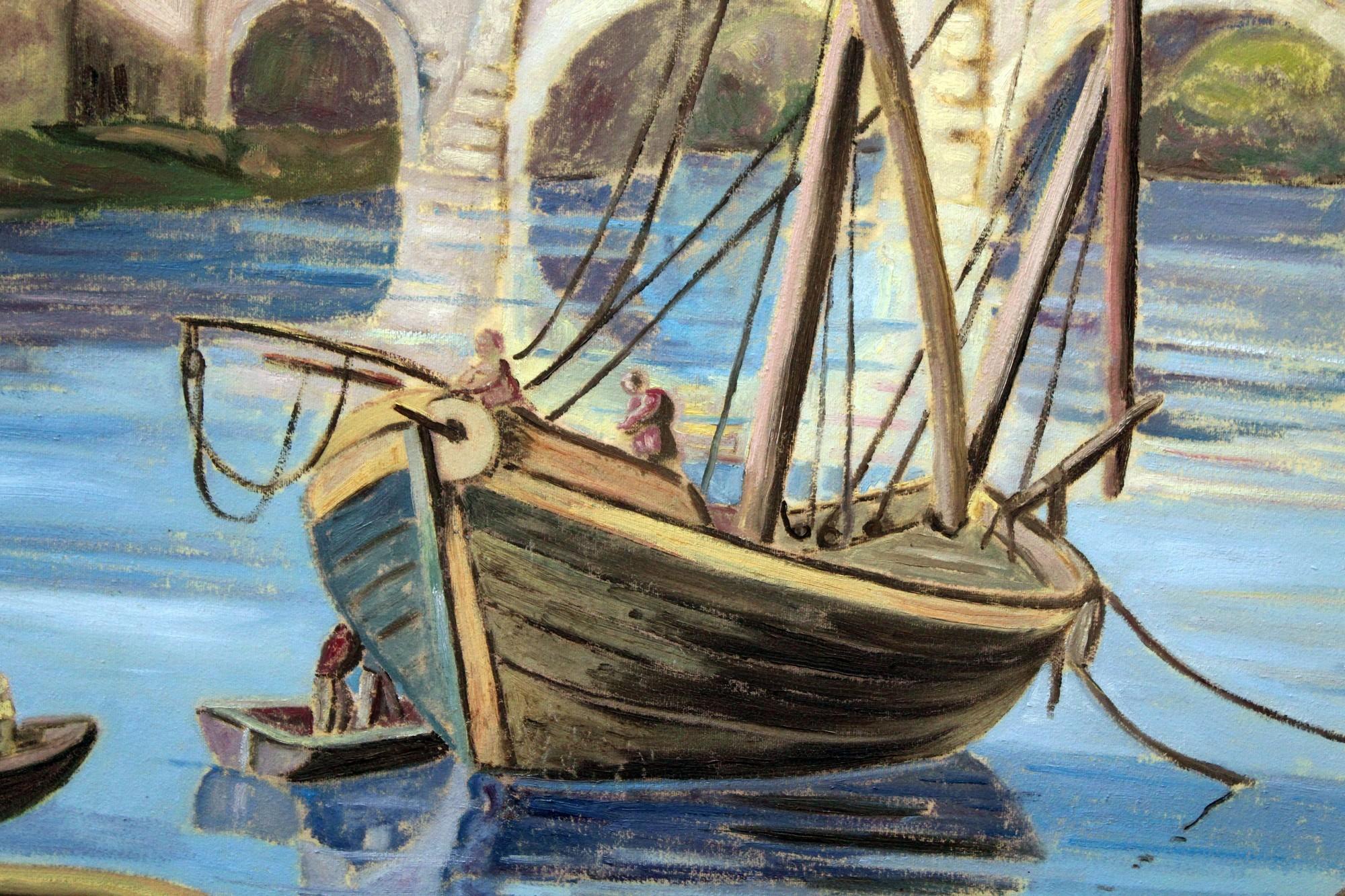Paysage Peinture à l'huile Vue du château Saint-Ange depuis le fleuve Tibre Italie 20e en vente 3