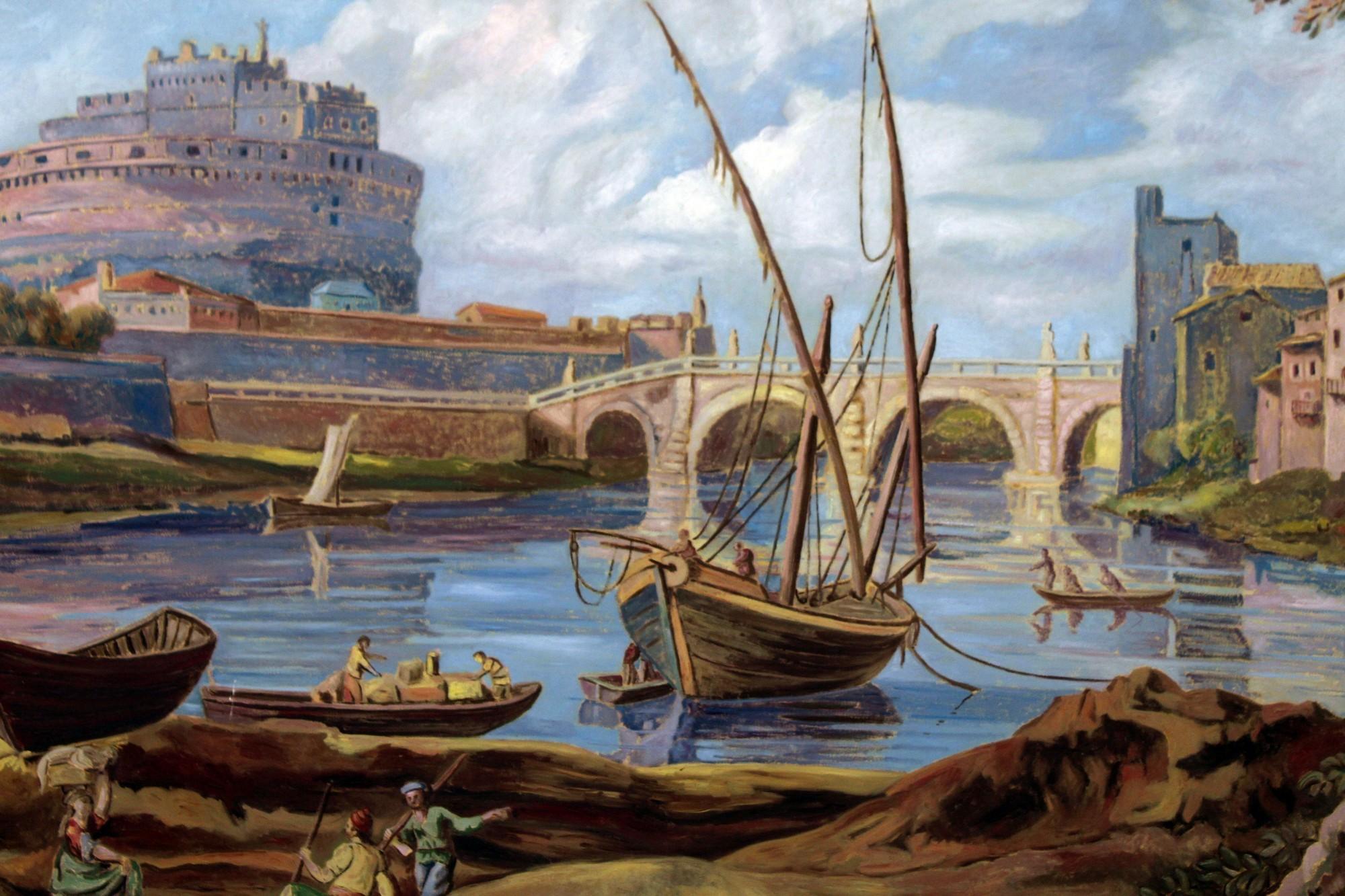 The painting is typical genre scene of Rome of the 17th century, a daily life along the Tiber river.   with the river Tiber, Castel Sant'Angelo.
Fishermen and characters are on the bank of the river, while several boats travel along it. In the