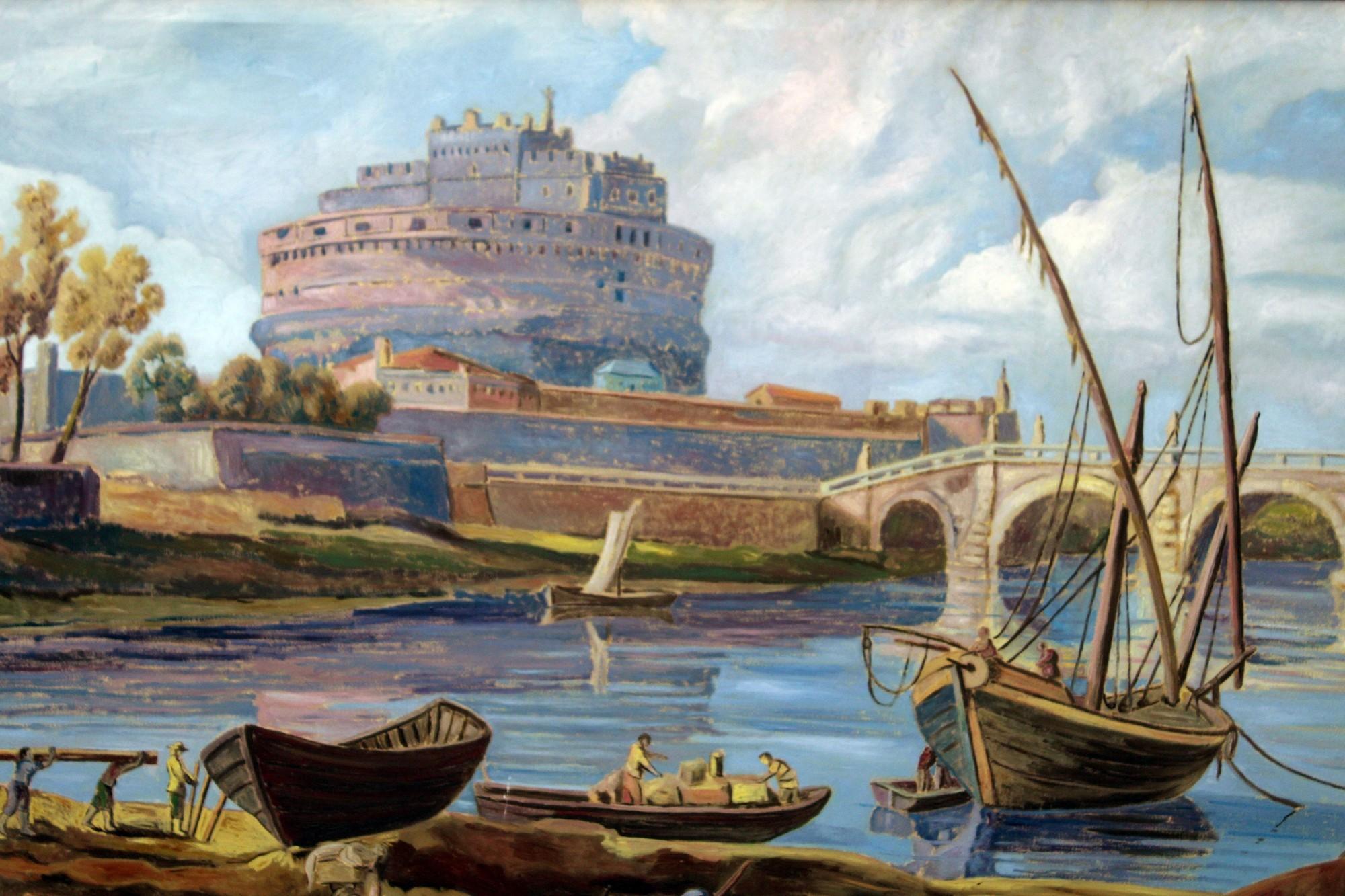 Gran cuadro al óleo de un paisaje de Roma con el castillo de Sant'Angelo y el río Tíber  - Painting Otro estilo de arte de Giovanni Battista Busiri