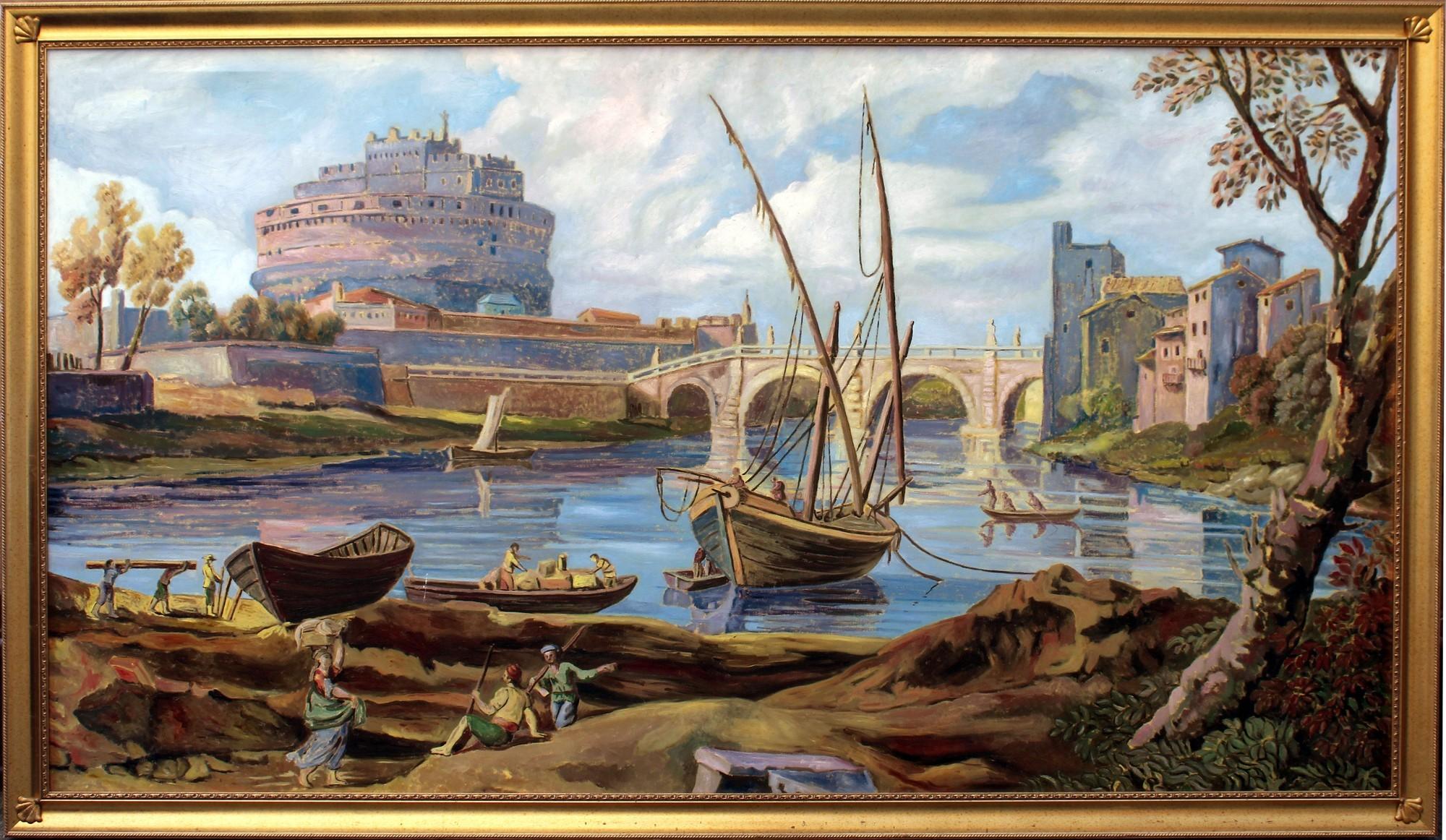 Giovanni Battista Busiri Figurative Painting - Large Landscape Oil Painting Of Rome With Castel Sant'Angelo and Tiber River 
