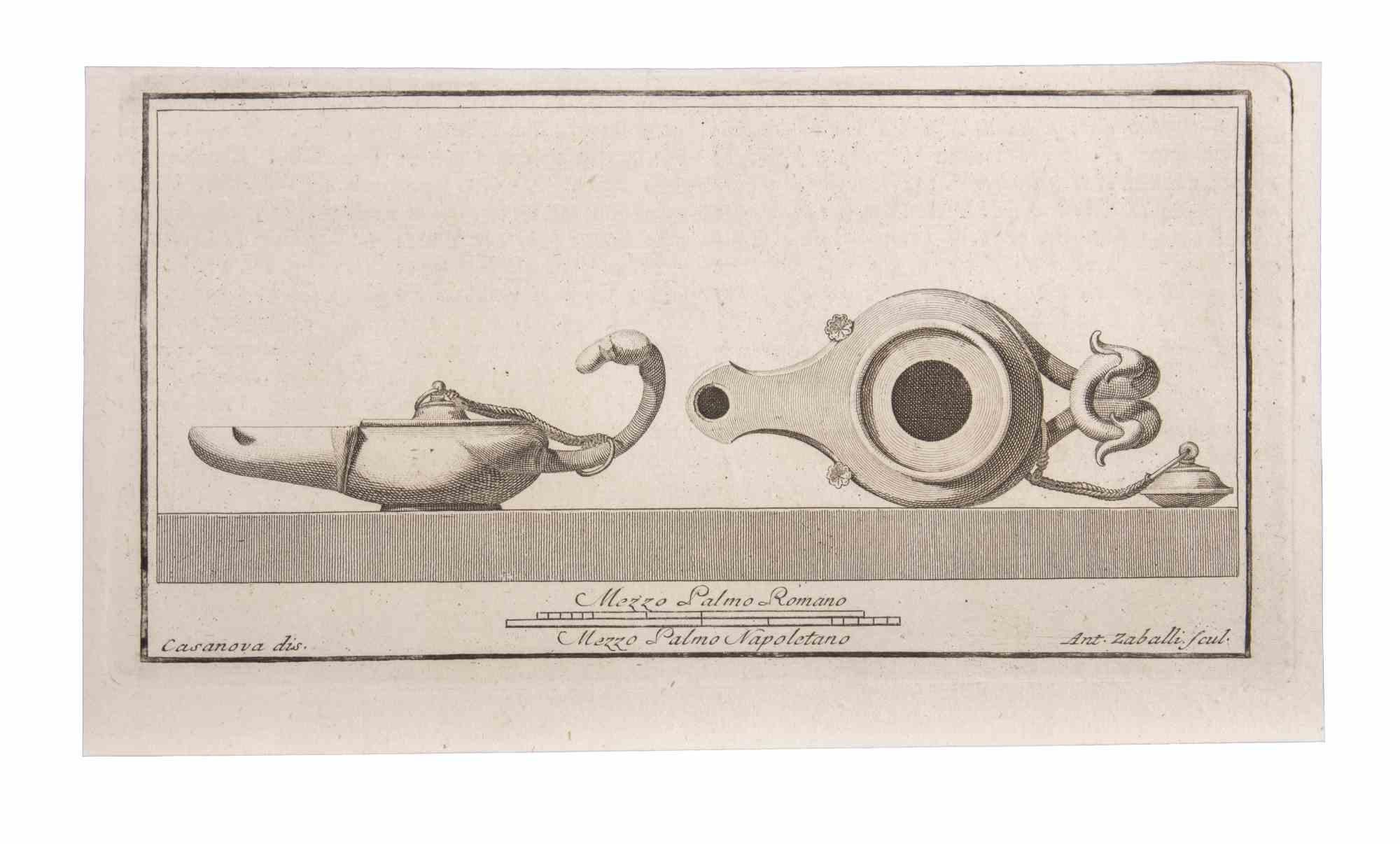 Oil Lamp est une gravure réalisée par  Giovanni Battista Casanova (1735-1810).

La gravure appartient à la suite d'estampes "Antiquités d'Herculanum exposées" (titre original : "Le Antichità di Ercolano Esposte"), un volume de huit gravures des